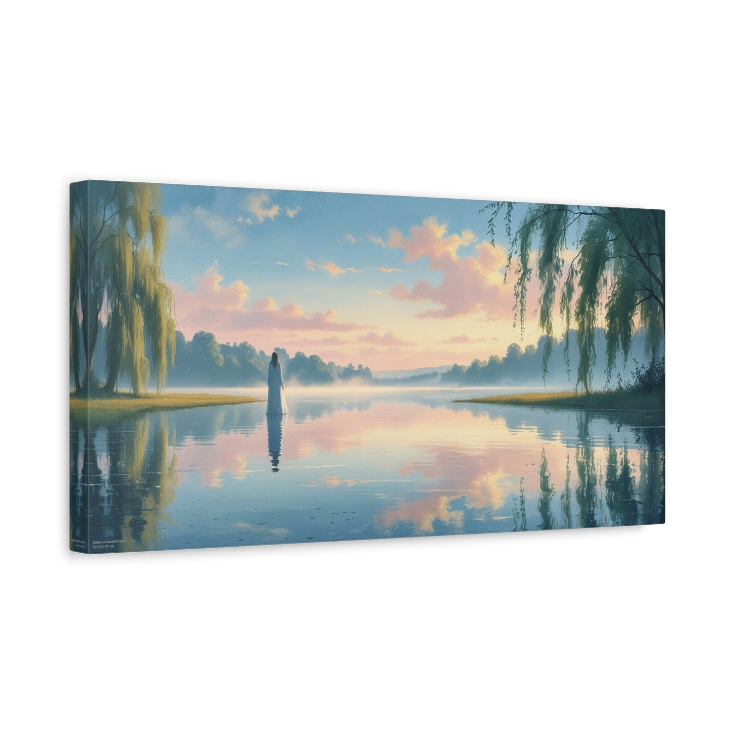 Woman In White By Misty Lake Canvas Wall Art - Pastel Sunrise Waterscape, Willow Trees Reflection - Matte Cotton Print - Contemporary Landscape Decor For Living Room Bedroom Office - Office Wall Art