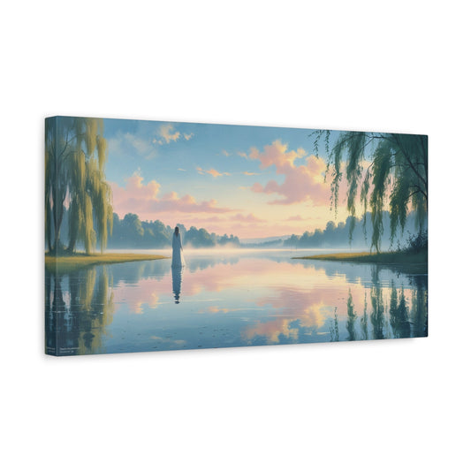 Woman In White By Misty Lake Canvas Wall Art - Pastel Sunrise Waterscape, Willow Trees Reflection - Matte Cotton Print - Contemporary Landscape Decor For Living Room Bedroom Office - Office Wall Art