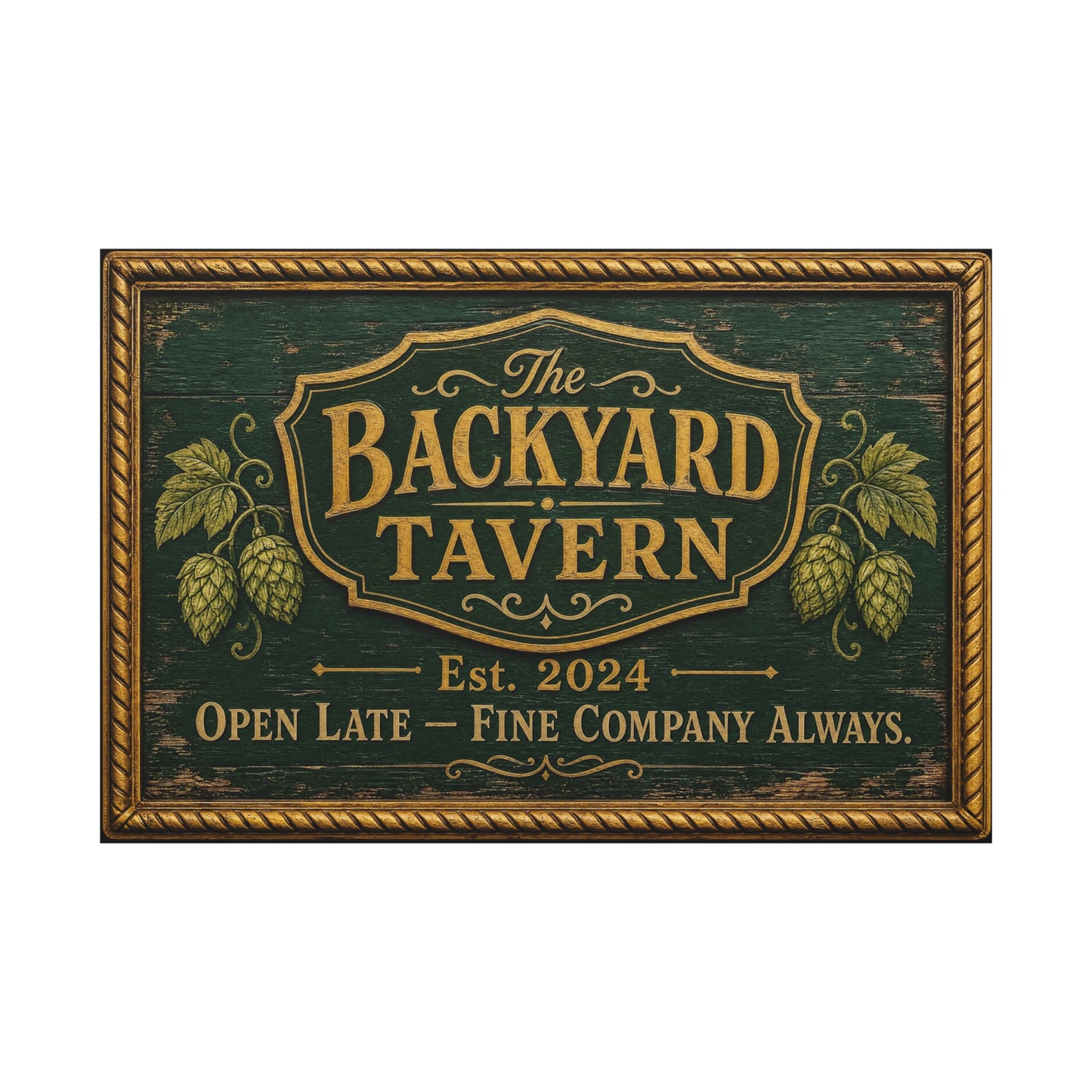 "The Backyard Tavern" Canvas Wall Art - Vintage Pub Sign, Rustic Typography Decor - Green And Gold Tavern Style Print, Bar Room Wall Decor - Ready to Hang - Ready to Hang - Speakeasy Style Sign