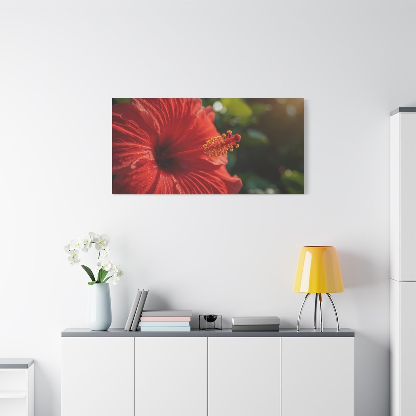 Red Hibiscus Flower Canvas Wall Art - Tropical Floral Botanical Art Print, Warm Sunlit Petals, Matte Cotton Canvas, Contemporary Nature Decor For Bedroom Living Room Office - Living Room Wall Decor
