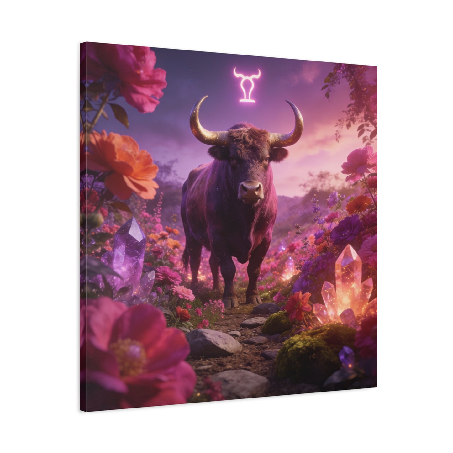 Taurus Zodiac Bull Canvas Wall Art - Neon Taurus Symbol, Floral Crystal Fantasy Print - Dreamy Purple Pink Celestial Decor - Bedroom Home Decoration, Bohemian Living Room Accent - Office Wall Art