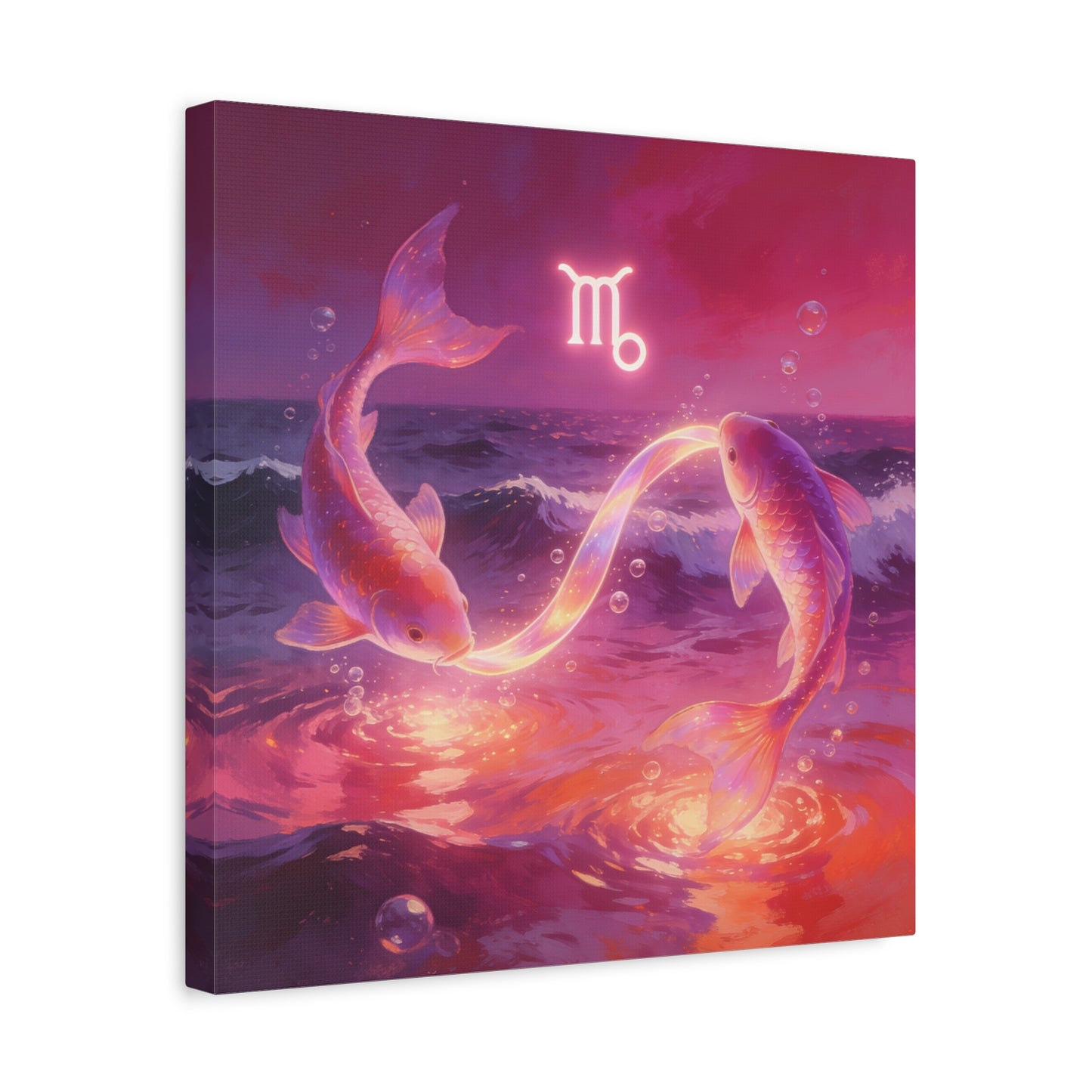 Scorpio Zodiac Canvas Wall Art - Glowing Koi Fish Ocean Illustration, Pink Purple Celestial Water Scene - Modern Fantasy Decor - Bedroom Home Decoration, Living Room Accent - Living Room Wall Decor