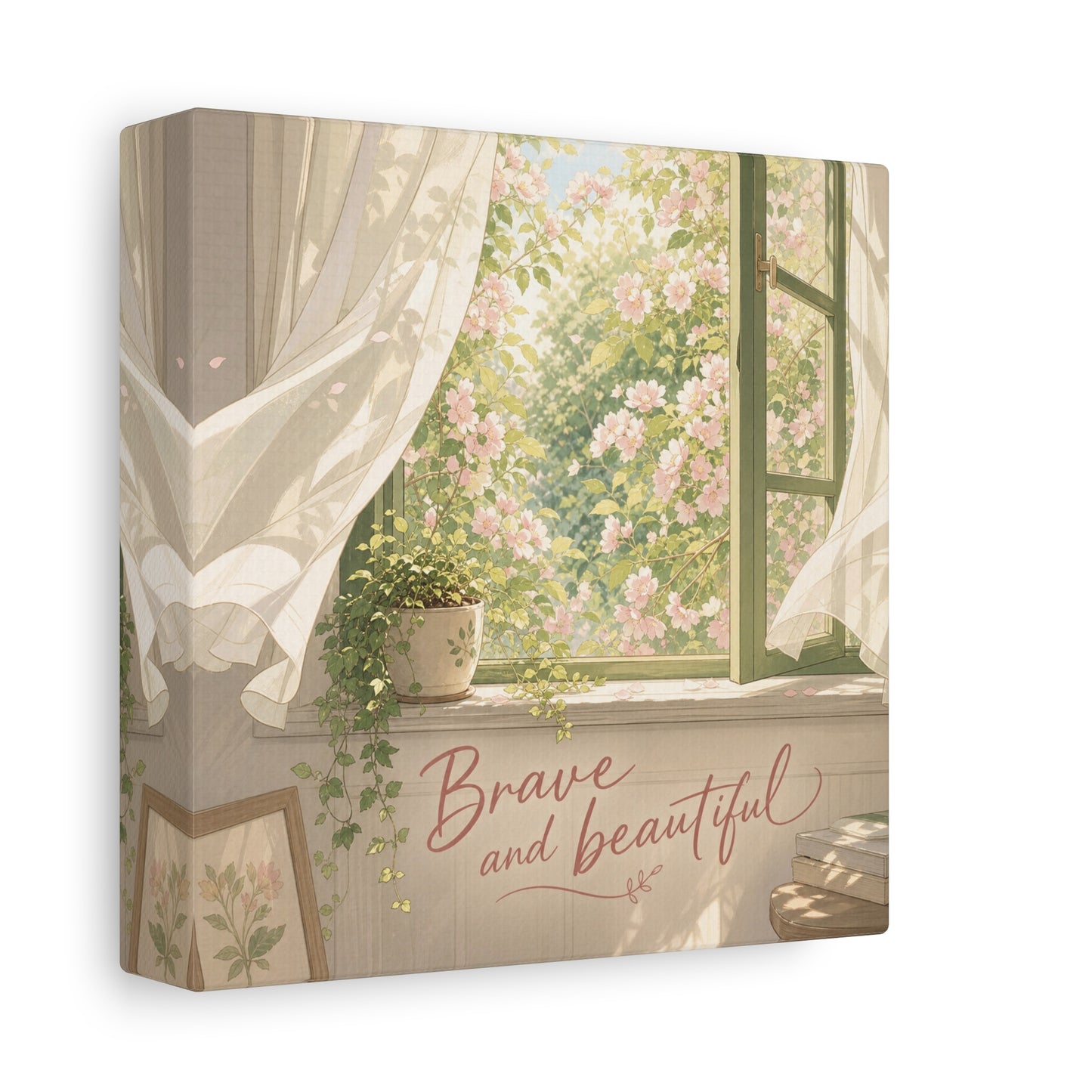 "Brave And Beautiful" Inspirational Canvas Wall Art - Open Window Pink Blossoms, Sheer Curtains, Botanical Quote Print - Soft Vintage Style - Bedroom Wall Decor, Living Room Accent - Ready to Hang