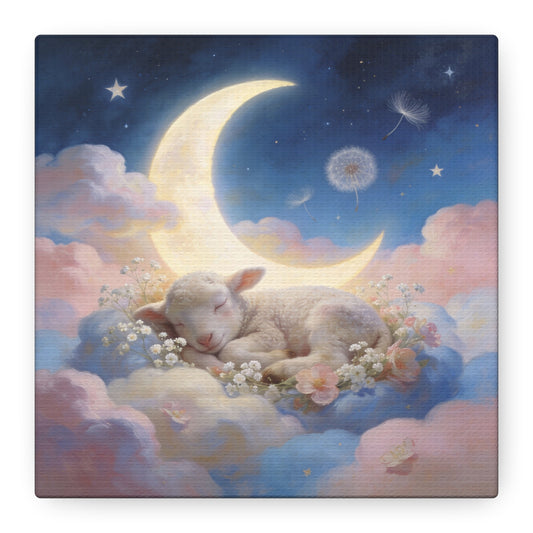 Sleeping Lamb Canvas Wall Art - Crescent Moon, Stars, Pink Clouds Nursery Decor - Dreamy Pastel Canvas Print - Whimsical Storybook Style - Bedroom Home Decoration, Kids Room Accent - Office Wall Art