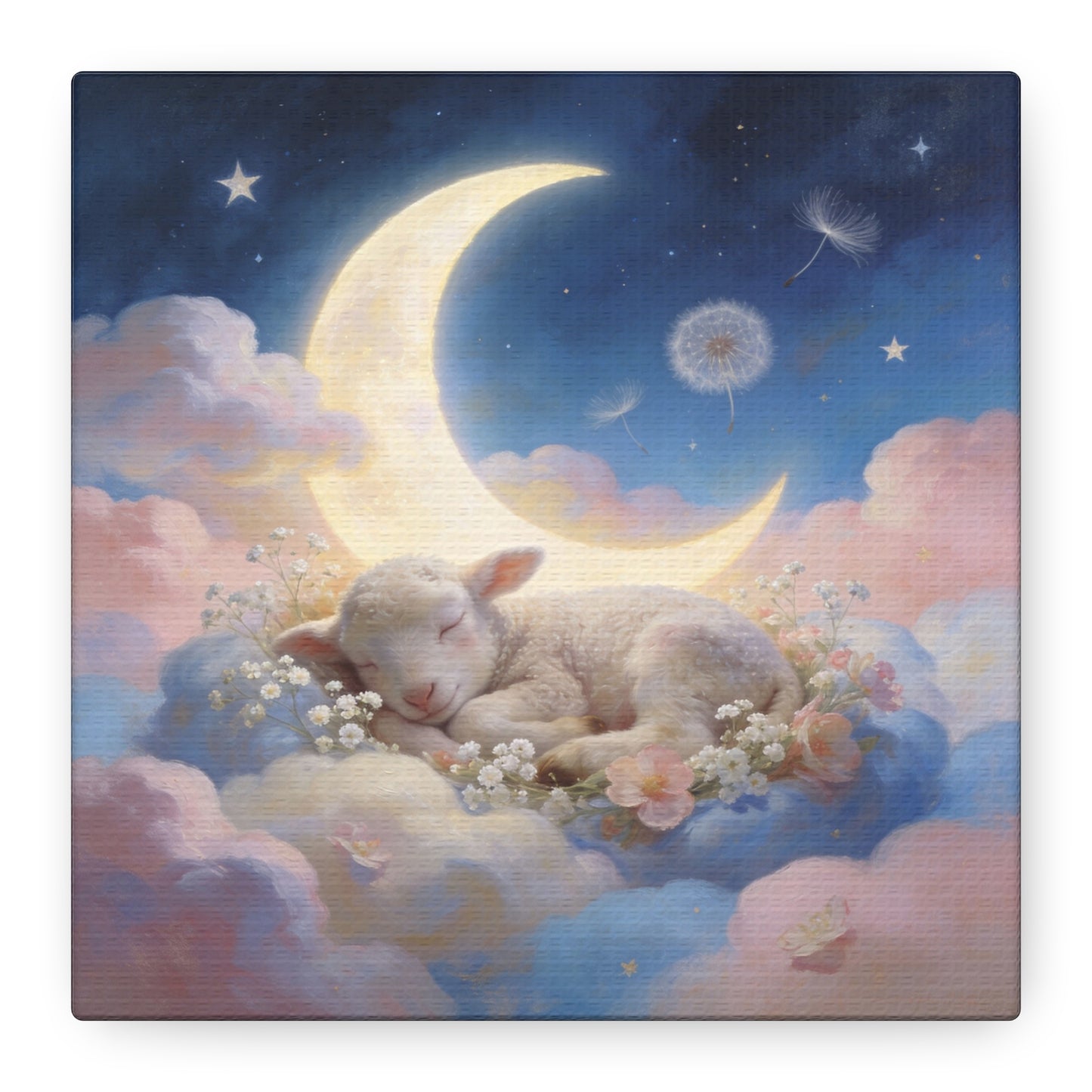 Sleeping Lamb Canvas Wall Art - Crescent Moon, Stars, Pink Clouds Nursery Decor - Dreamy Pastel Animal Painting, Bedroom Home Decoration, Bohemian Wall Hanging, Kids Room Accent - Ready to Hang