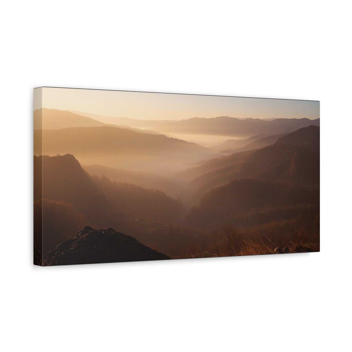 Golden Mist Mountain Valley Canvas Wall Art - Serene Landscape Art Print, Warm Dawn Light - Minimalist Nature Decor - Living Room Wall Decor, Bedroom Home Decoration - Bedroom Home Decoration