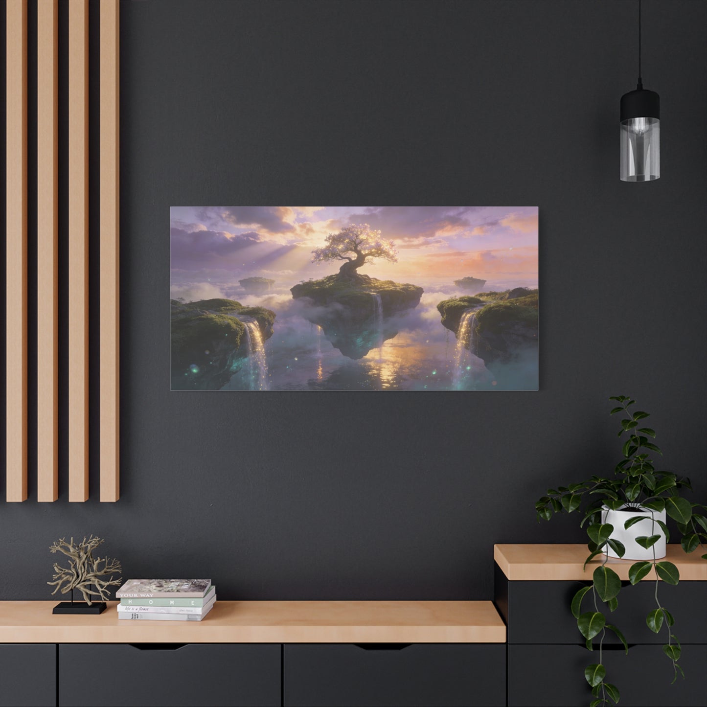 Fantasy Tree Of Life Canvas Wall Art - Floating Islands, Waterfall Dreamscape - Ethereal Cotton Print - Contemporary Zen Style - Living Room Wall Decor, Bedroom Home Decoration - Cozy Reading Nook Art