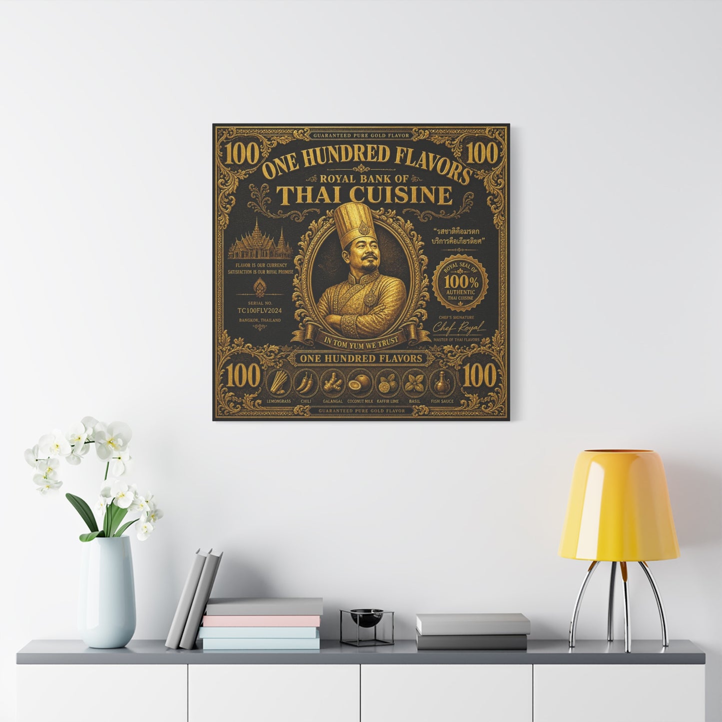 "One Hundred Flavors" Thai Cuisine Canvas Wall Art - Vintage Gold Chef Portrait, Typography Poster Print, Ornate Bangkok Illustration - Restaurant Decor, Dining Room Accent, Cafe Wall Decor