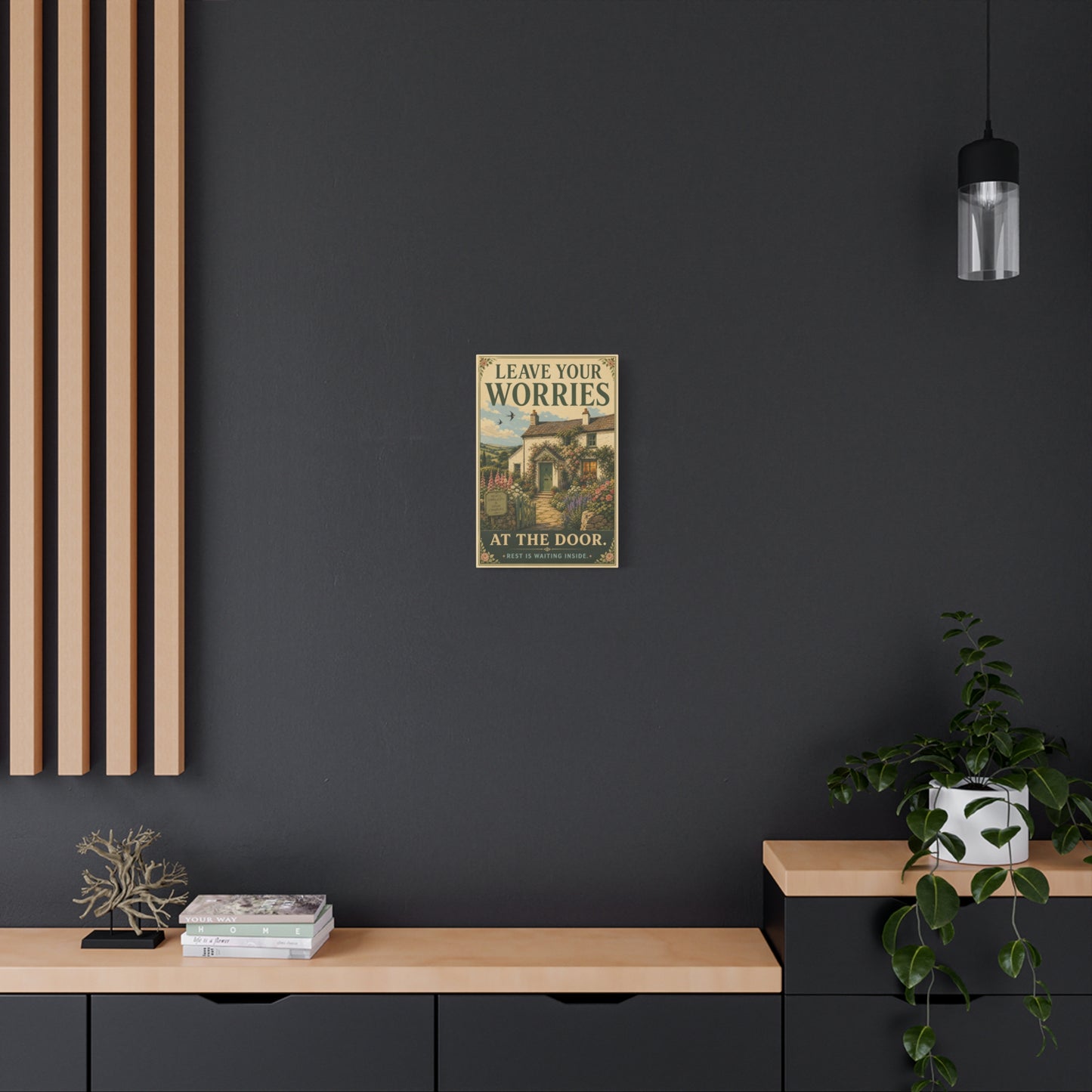 "Leave Your Worries At The Door. Rest Is Waiting Inside." Canvas Wall Art - Vintage Cottage Garden Quote Print, Floral Farmhouse Style, Bedroom Home Decoration, Entryway Decor - Living Room Wall Decor