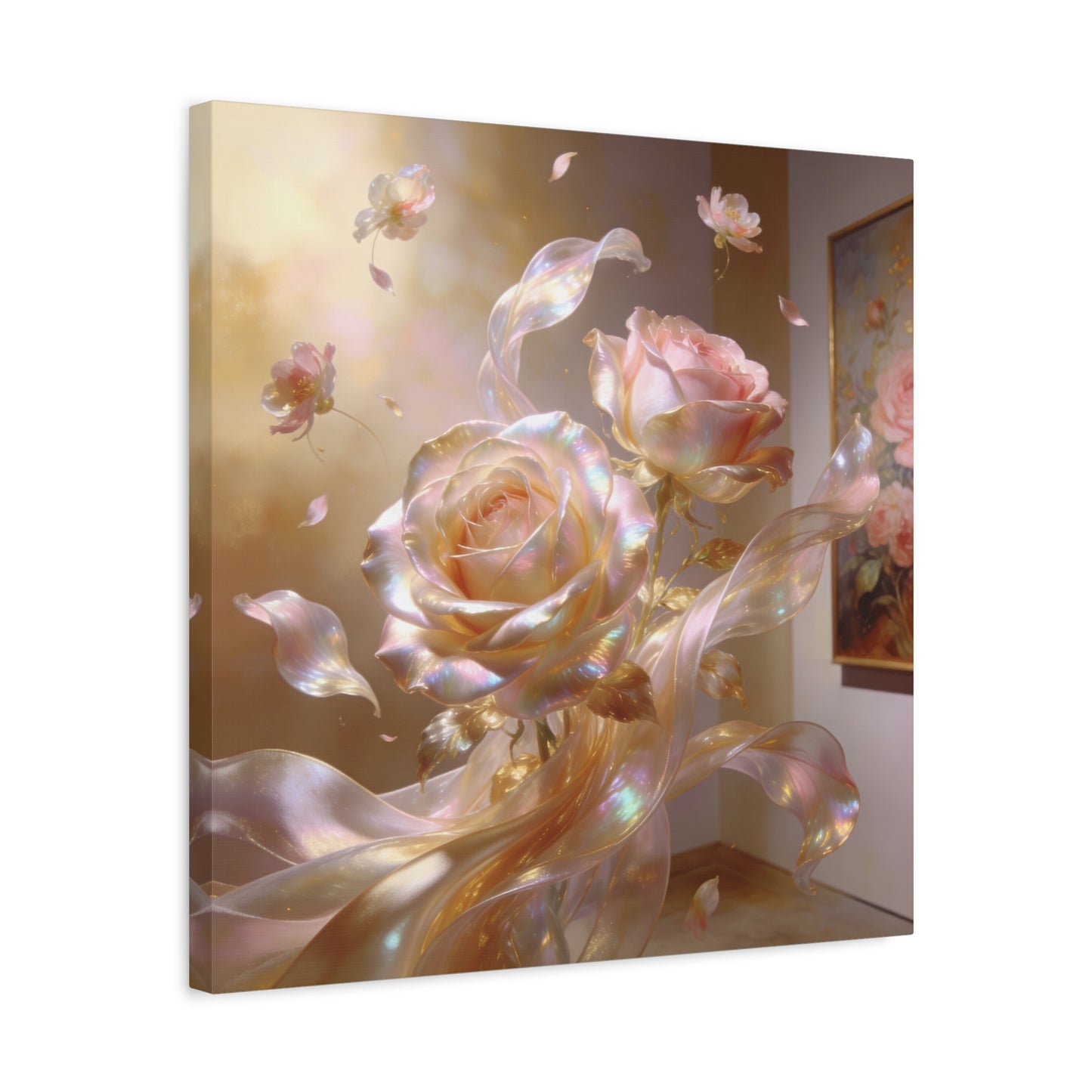 Iridescent Pink Rose Canvas Wall Art - Pearlescent Floral Wall Decor, Dreamy Botanical Home Decoration - Luminous Matte Canvas Print - Romantic Contemporary Style, Bedroom Accent - Ready to Hang