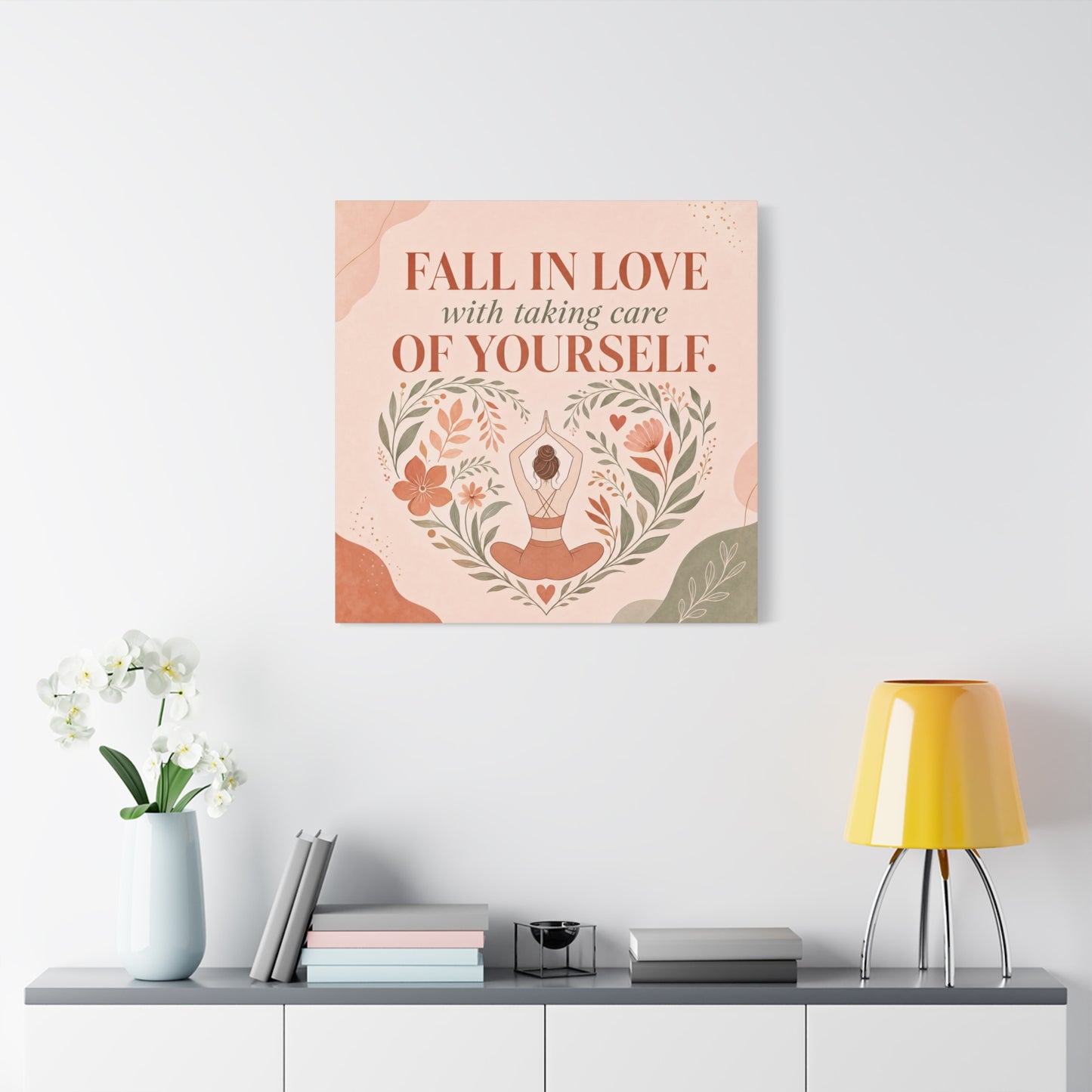 "Fall In Love With Taking Care Of Yourself." Inspirational Canvas Wall Art - Yoga Woman Floral Quote Print - Bohemian Modern Sage Blush Decor - Living Room Wall Decor - Bedroom Home Decoration