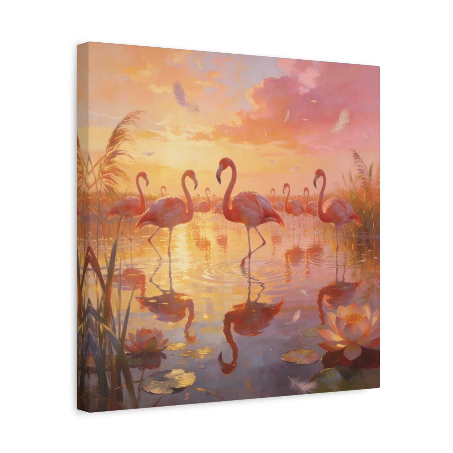 Pink Flamingo Canvas Wall Art - Sunset Wetland Birds, Lotus Pond Reflections - Dreamy Tropical Illustration, Matte Canvas Print - Living Room Wall Decor, Bedroom Home Decoration - Ready to Hang