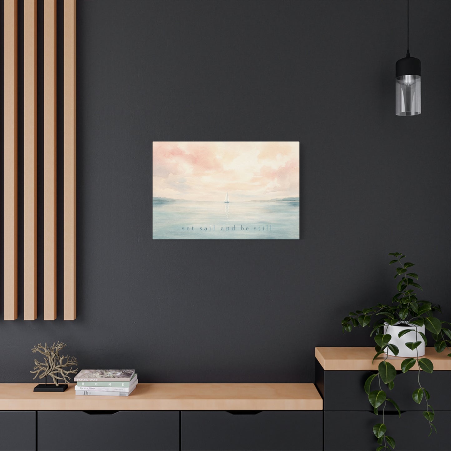 "Set Sail And Be Still" Sailboat Canvas Wall Art - Coastal Seascape Quote Print, Soft Pastel Watercolor, Serene Bedroom Decor, Living Room Wall Decor, Meditation Space Home Accent - Ready to Hang