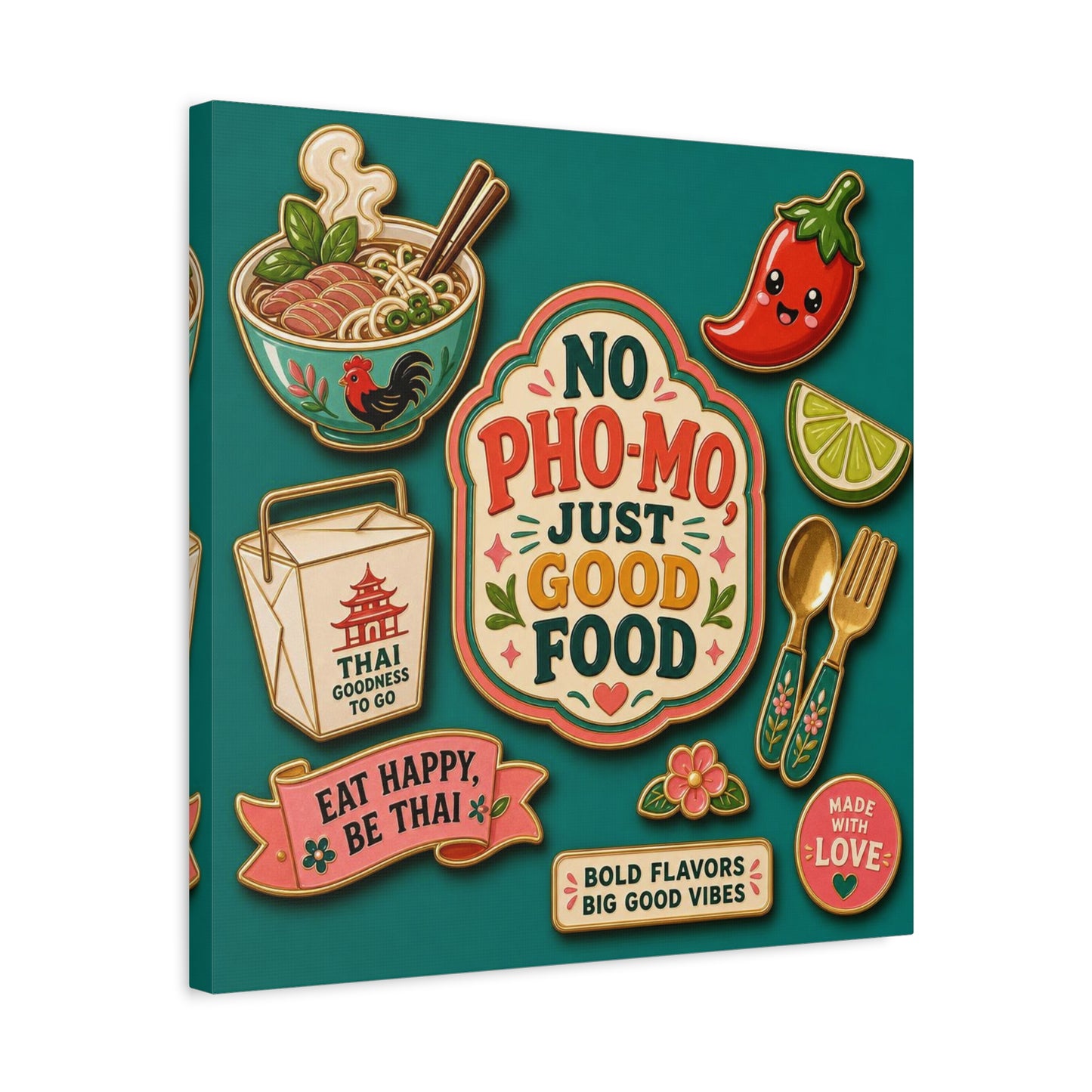 "No Pho-Mo Just Good Food" Canvas Wall Art - Thai Food Quote Kitchen Decor - Colorful Illustration Print, Retro Typography Style - Dining Room Accent, Cafe Wall Decor - Bedroom Home Decoration