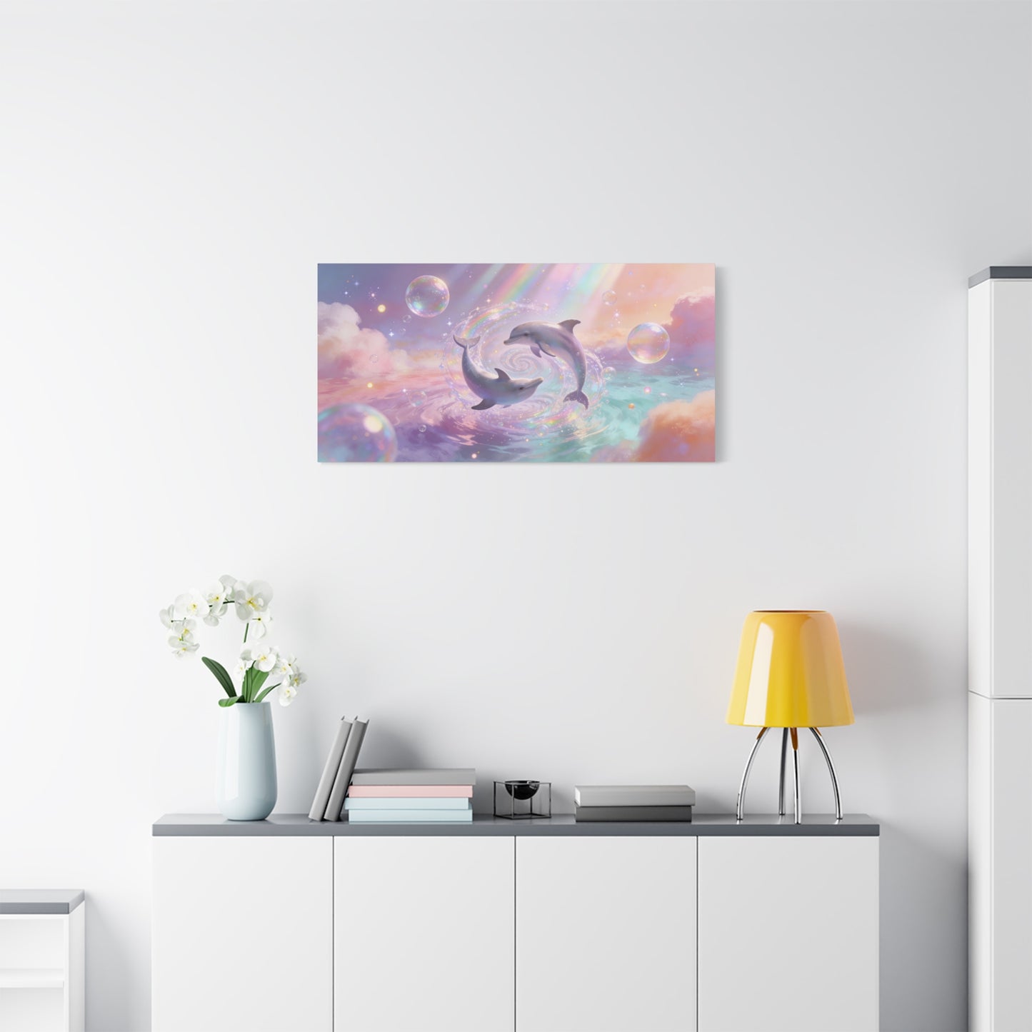 Dolphin Canvas Wall Art - Dreamy Ocean Swirl, Pastel Sky And Rainbow Light - Cotton Canvas Print - Whimsical Contemporary Style - Living Room Wall Decor, Bedroom Home Accent - Bedroom Home Decoration