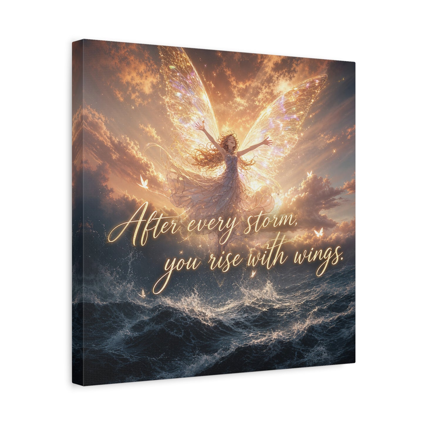 "After Every Storm, You Rise With Wings." Fairy Canvas Wall Art - Inspirational Ocean Sky Quote Print - Golden Ethereal Fantasy Decor - Bedroom Wall Hanging, Living Room Accent - Ready to Hang
