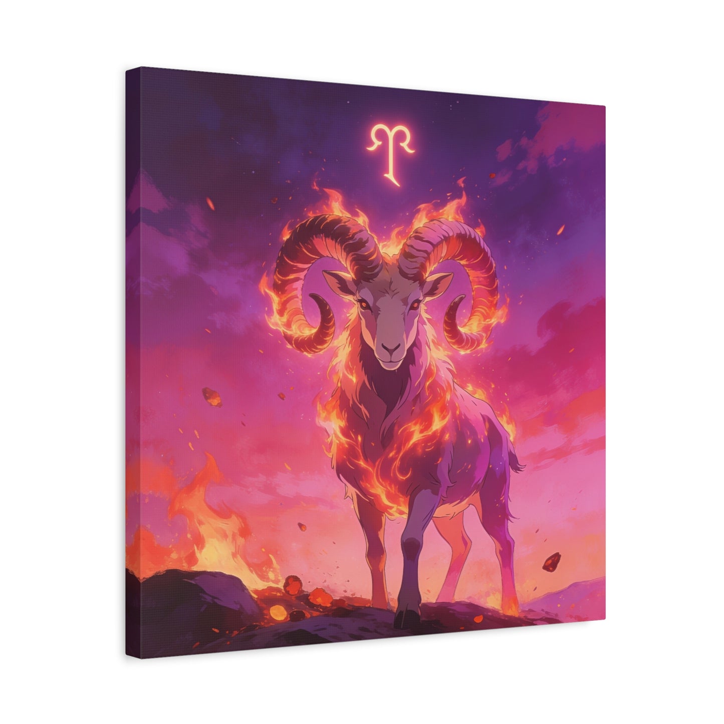 Aries Ram Canvas Wall Art - Fiery Zodiac Illustration, Purple Pink Flame Sky, Matte Canvas Print, Modern Fantasy Style, Bedroom Wall Decor, Home Office Accent, Statement Piece For Astrology Lovers