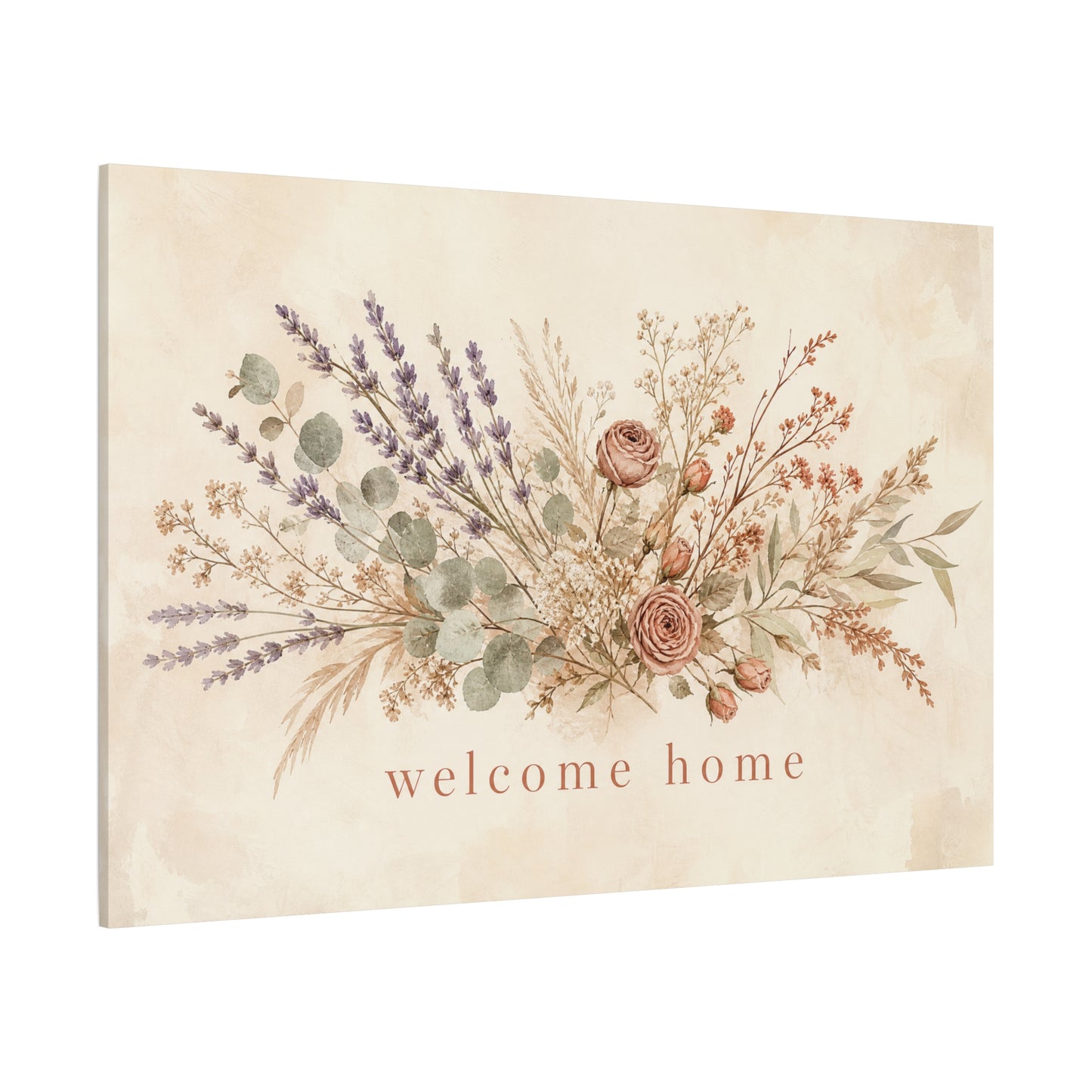 "Welcome Home" Floral Canvas Wall Art - Rustic Botanical Bouquet, Lavender Rose Eucalyptus Print - Farmhouse Wall Decor, Entryway Home Decoration - Ready to Hang - Modern Farmhouse Style