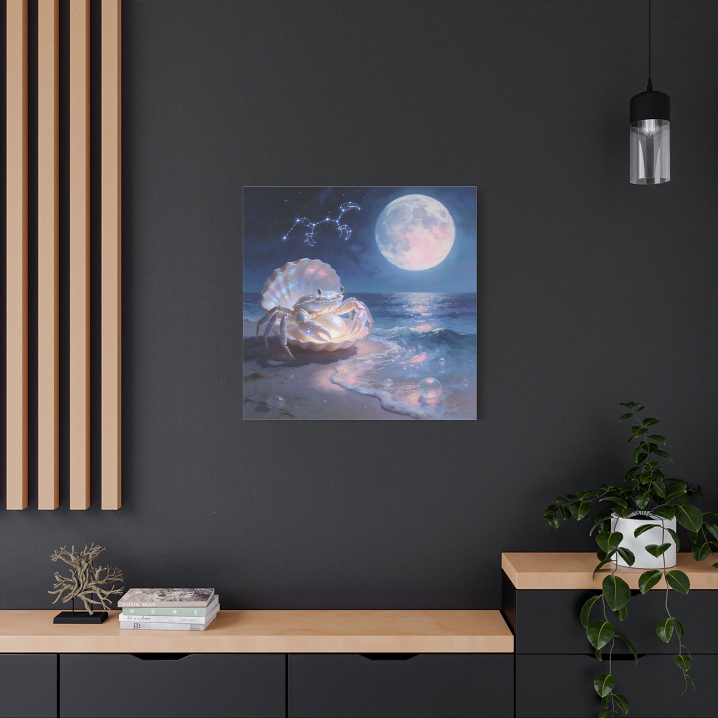 Moonlit Crab Canvas Wall Art - Zodiac Cancer Seascape, Pearl Shell Ocean Night Decor - Dreamy Coastal Illustration, capiz shells wall decor, Bedroom Home Decoration - Bedroom Home Decoration