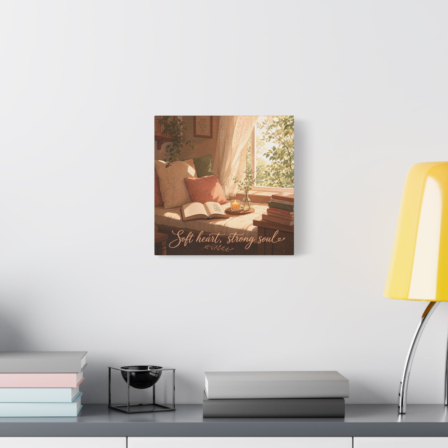 "Soft Heart, Strong Soul" Reading Nook Canvas Wall Art - Sunlit Window Seat, Books, Candle, Botanical Bedroom Decor - Cozy Cottagecore Style - Living Room Wall Decor - Bedroom Home Decoration