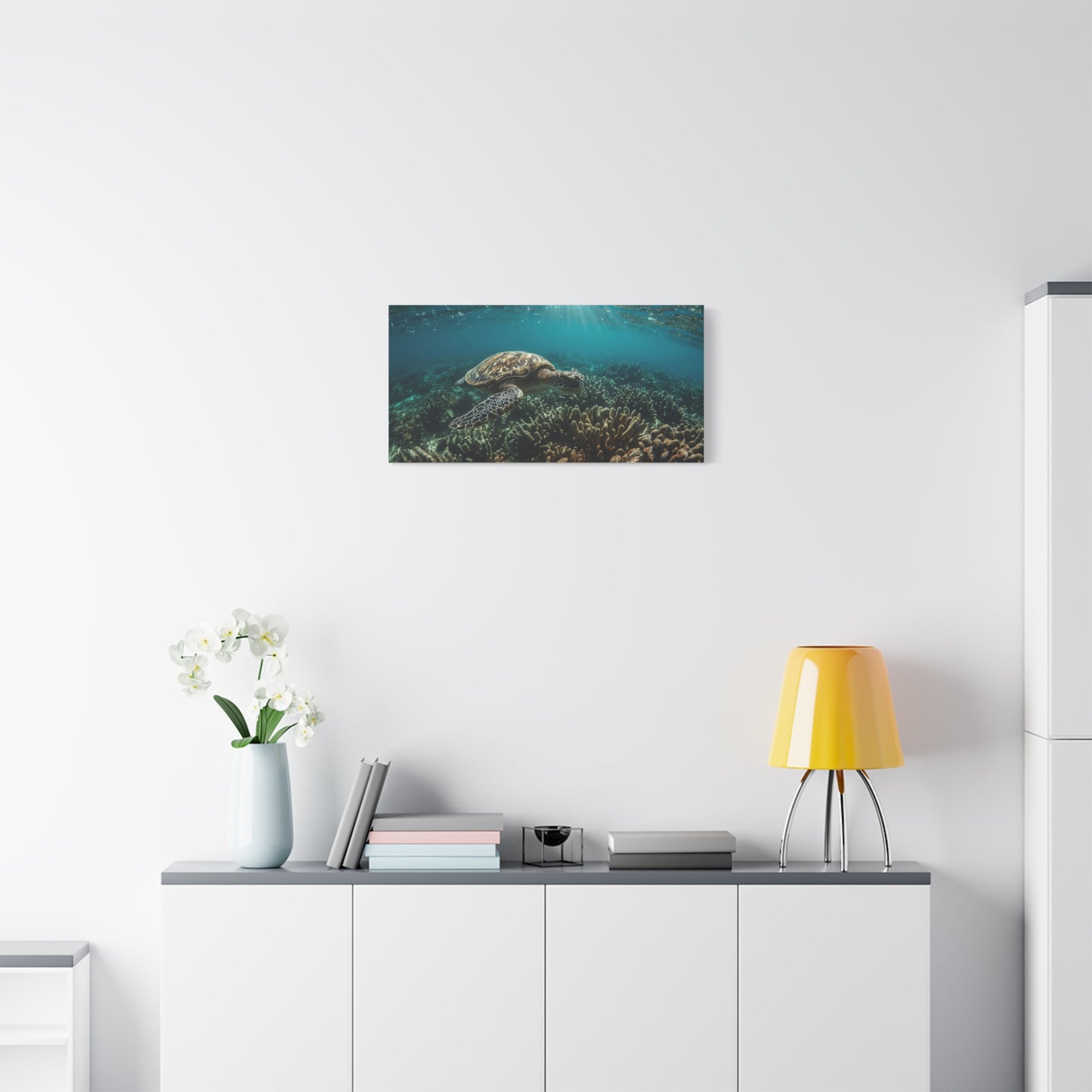 Sea Turtle Canvas Wall Art - Underwater Ocean Reef Art Print, Sunlit Blue Seascape, Coastal Wall Decor, Matte Finish Canvas Print, Living Room Decoration, Bedroom Home Accent - Ready to Hang