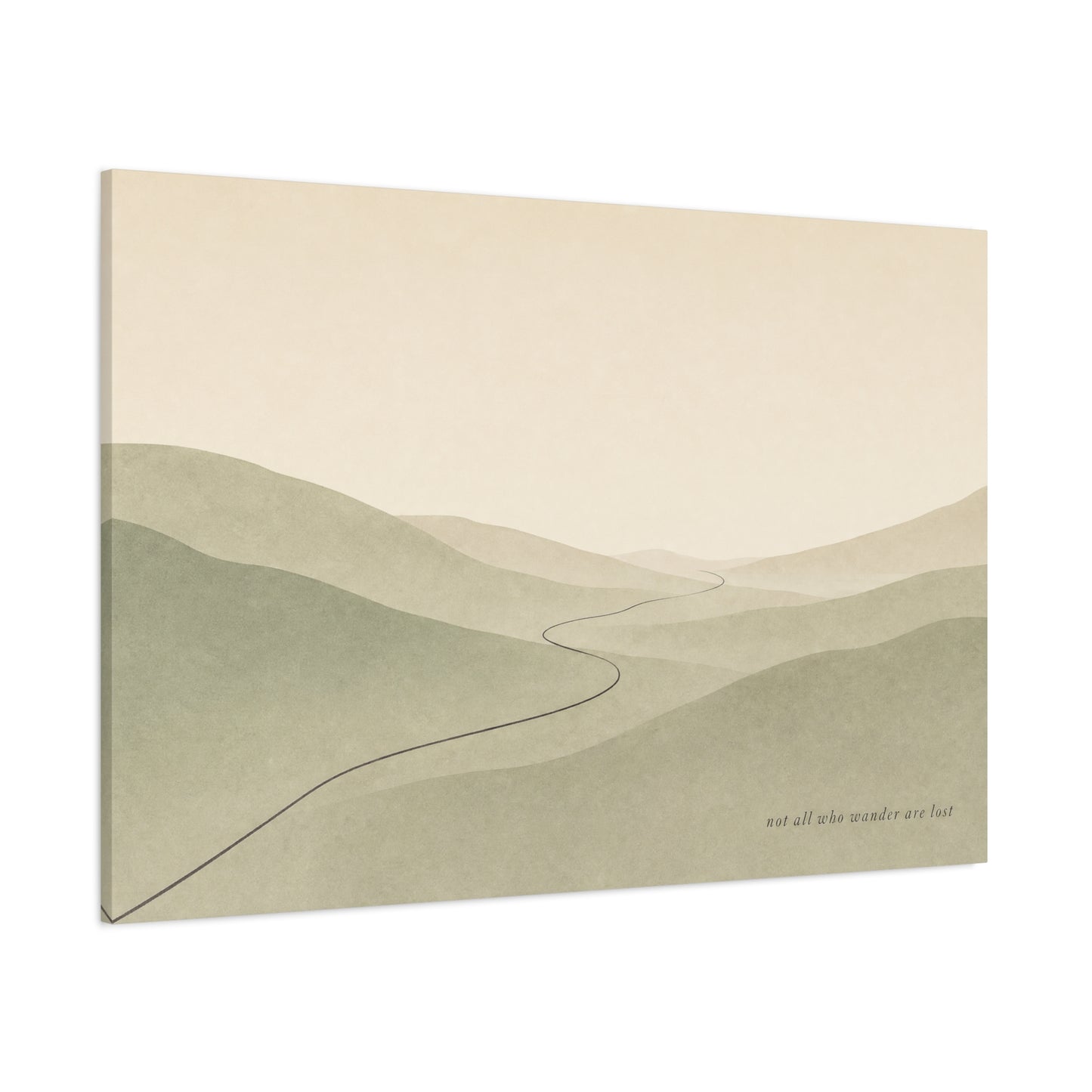 "Not All Who Wander Are Lost" Minimalist Landscape Canvas Wall Art - Misty Hills, Winding Path, Neutral Sage Beige Tones - Modern Wall Decor For Bedroom, Living Room, Home Office - Ready to Hang