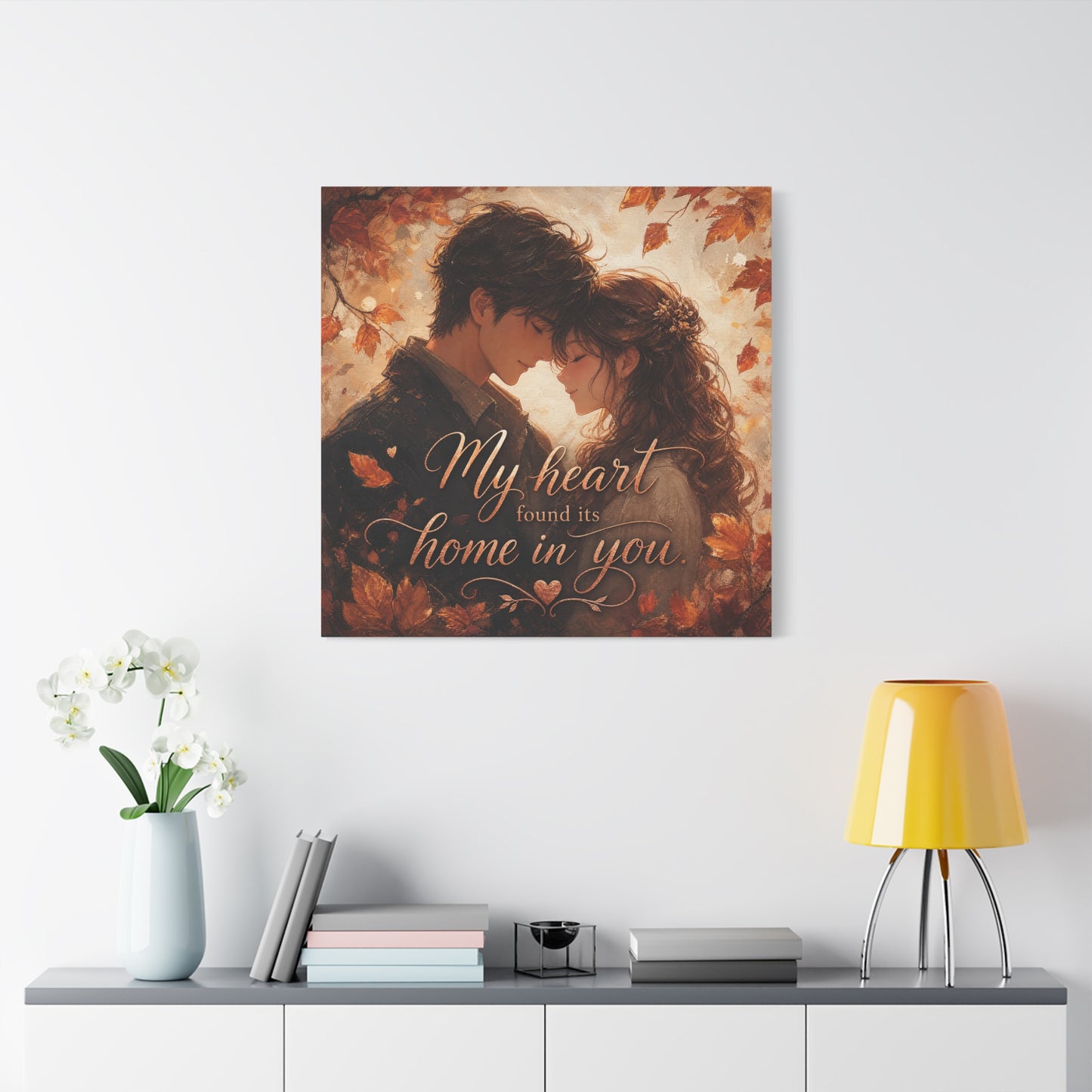 "My Heart Found Its Home In You" Romantic Couple Canvas Wall Art - Autumn Leaves Love Quote Print, Warm Rustic Traditional Style - Bedroom Wall Decor - Ready to Hang - Bedroom Home Decoration