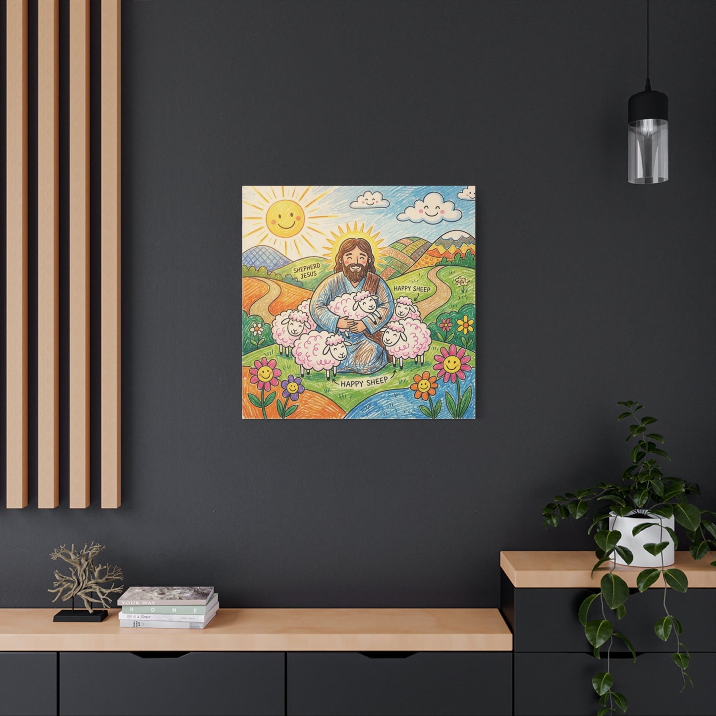 "Shepherd Jesus" "Happy Sheep" Jesus Canvas Wall Art - Christian Kids Nursery Decor, Colorful Religious Print - Matte Cotton Canvas - Playroom Bedroom Classroom Decoration - Living Room Wall Decor