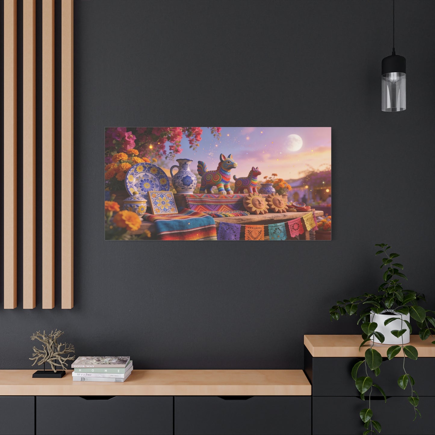 Talavera Pottery Folk Art Canvas Wall Art - Colorful Mexican Table Still Life, Moonlit Fiesta Decor - Matte Cotton Print - Bohemian Living Room Wall Decor, Dining Room Accent - Bedroom Home Decoration