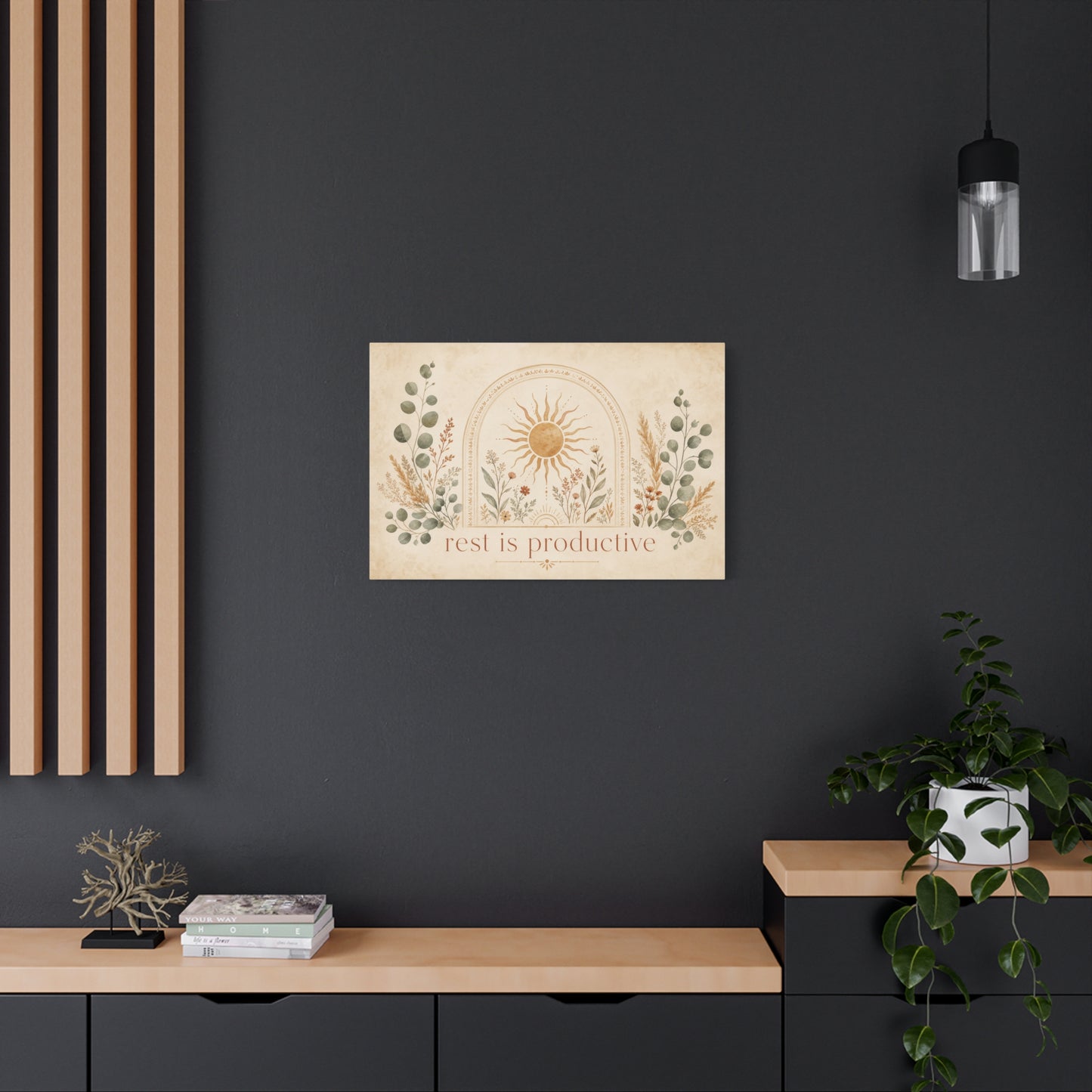 "Rest Is Productive" Inspirational Canvas Wall Art - Boho Sun And Botanical Arch Print - Neutral Typography Decor - Bedroom Living Room Decoration - Office Wall Art - Bedroom Home Decoration