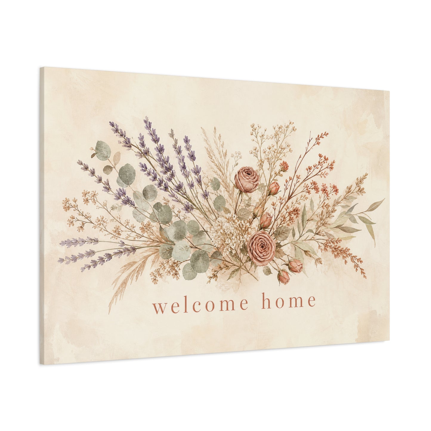 "Welcome Home" Floral Canvas Wall Art - Rustic Botanical Bouquet, Lavender Rose Eucalyptus Print - Farmhouse Wall Decor, Entryway Home Decoration - Ready to Hang - Modern Farmhouse Style