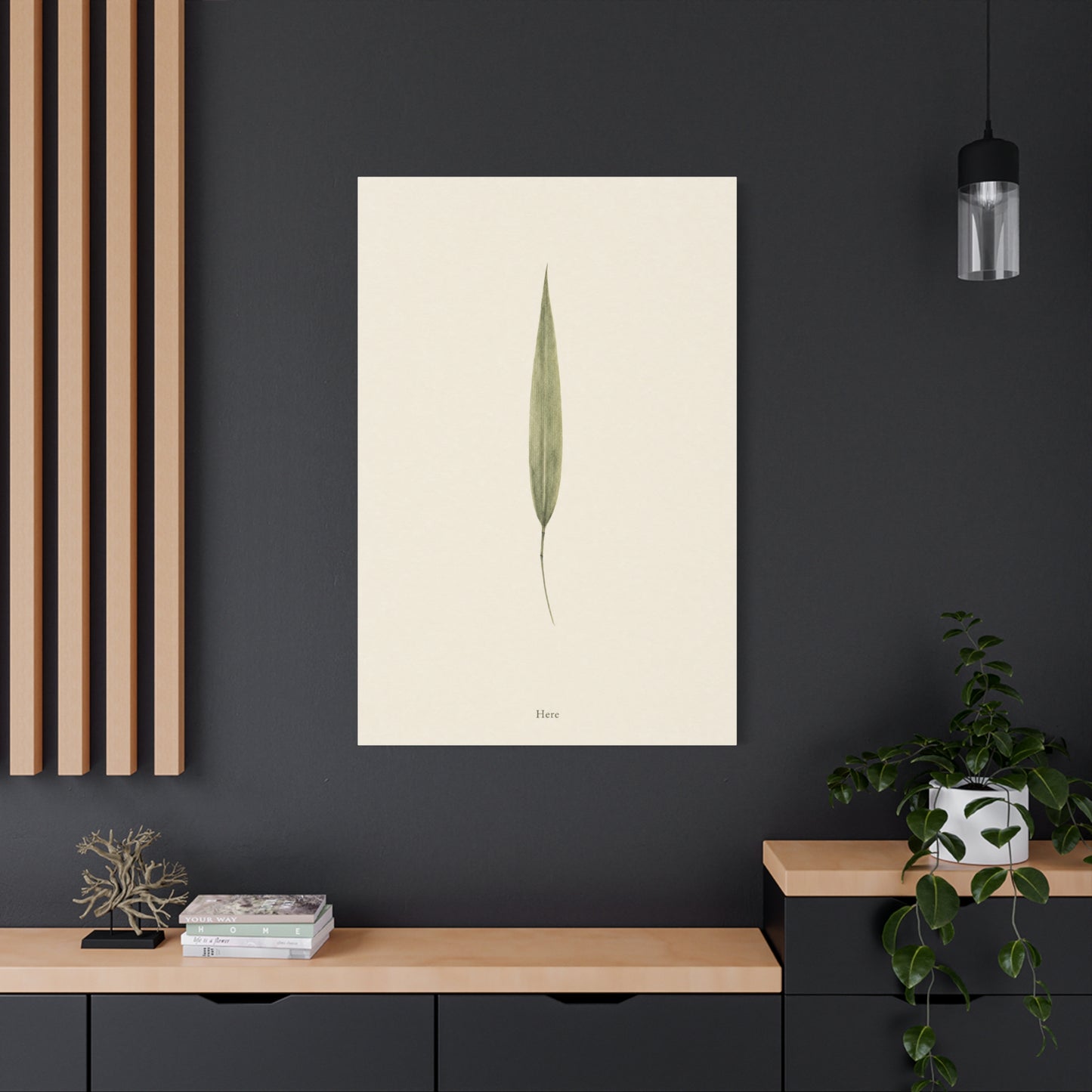 "Here" Minimalist Botanical Canvas Wall Art - Single Green Leaf Print, Neutral Contemporary Nature Decor - Cotton Art Print For Bedroom Living Room, Japandi Home Decoration - Living Room Wall Decor