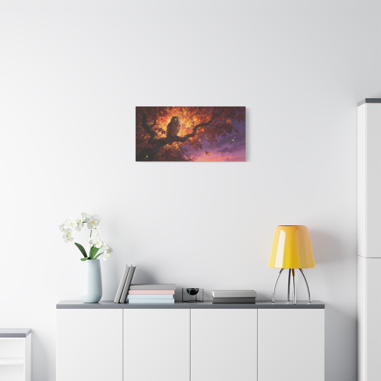 Owl Canvas Wall Art - Autumn Tree Branch Wildlife Illustration, Glowing Twilight Sky - Matte Canvas Print, Rustic Nature Style - Living Room Wall Decor, Bedroom Home Decoration - Cozy Reading Nook Art