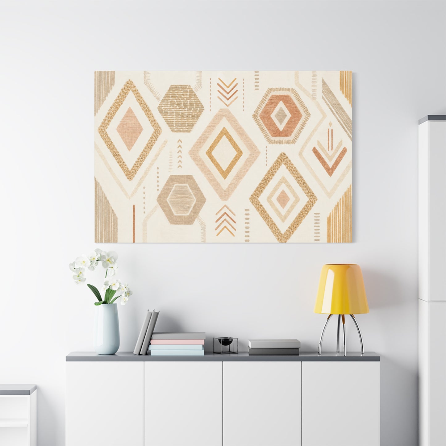 Neutral Geometric Canvas Wall Art - Boho Diamond And Hexagon Abstract Pattern - Beige Terracotta Modern Decor - Minimalist Living Room Decoration, Bedroom Accent, Contemporary Office Style