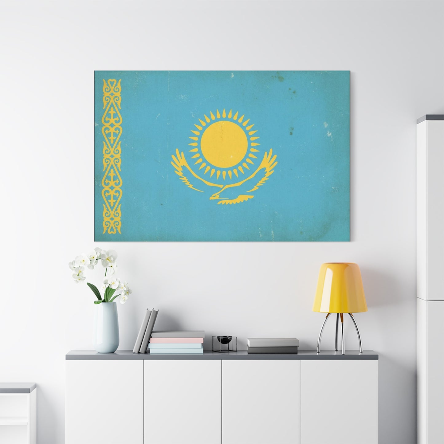 Kazakhstan Flag Canvas Wall Art - Blue And Gold Sun Eagle Emblem, Vintage Nation Print - Matte Cotton Artwork, Patriotic Living Room Wall Decor, Office Art Accent Style - Bedroom Home Decoration