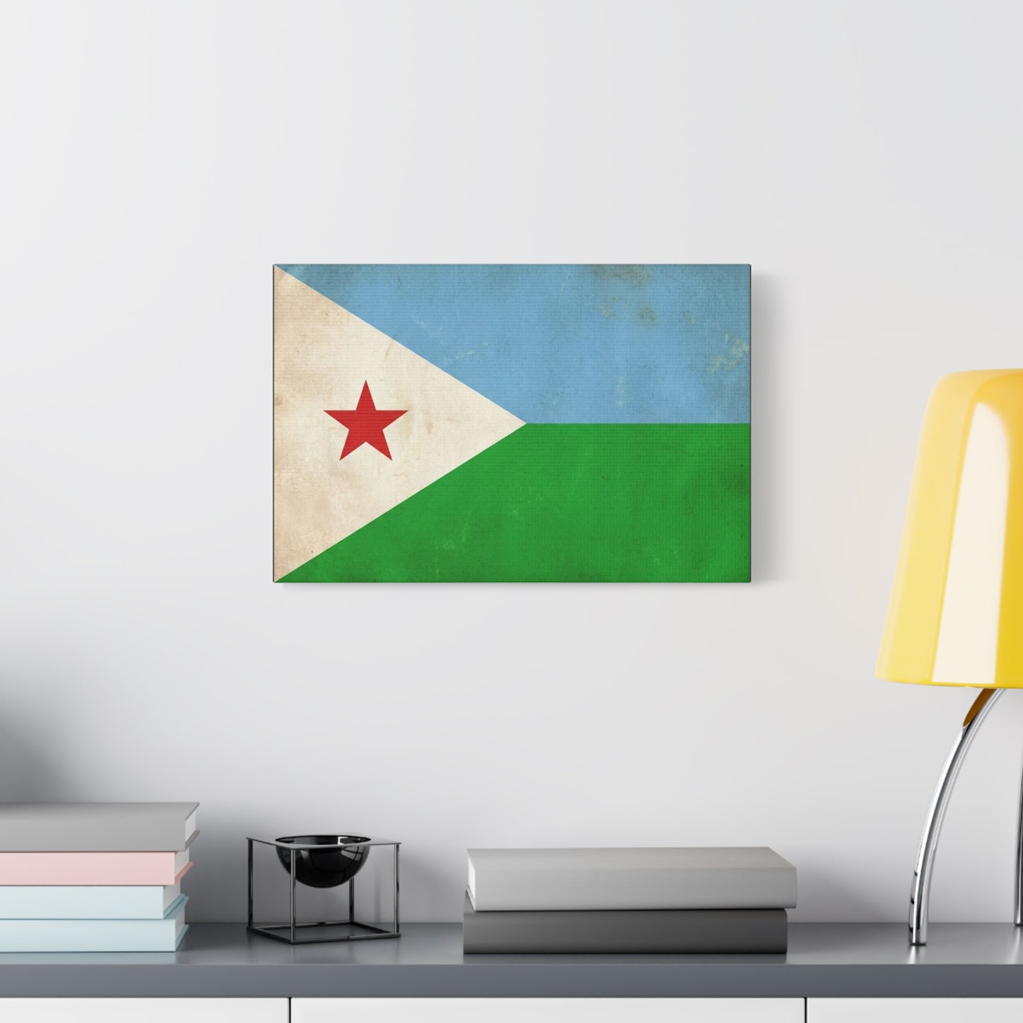 Djibouti Flag Canvas Wall Art - Vintage National Banner Print, Patriotic Home Decor - Distressed Blue Green White Red Star Design - Living Room Decoration - Living Room Wall Decor - Ready to Hang