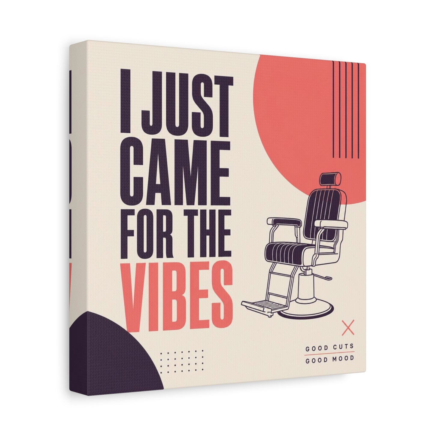 "I Just Came For The Vibes" Typography Canvas Wall Art - Barber Chair Line Illustration, Coral And Black Modern Salon Wall Decor - Minimalist Quote Print For Barbershop Lobby Workspace - Ready to Hang