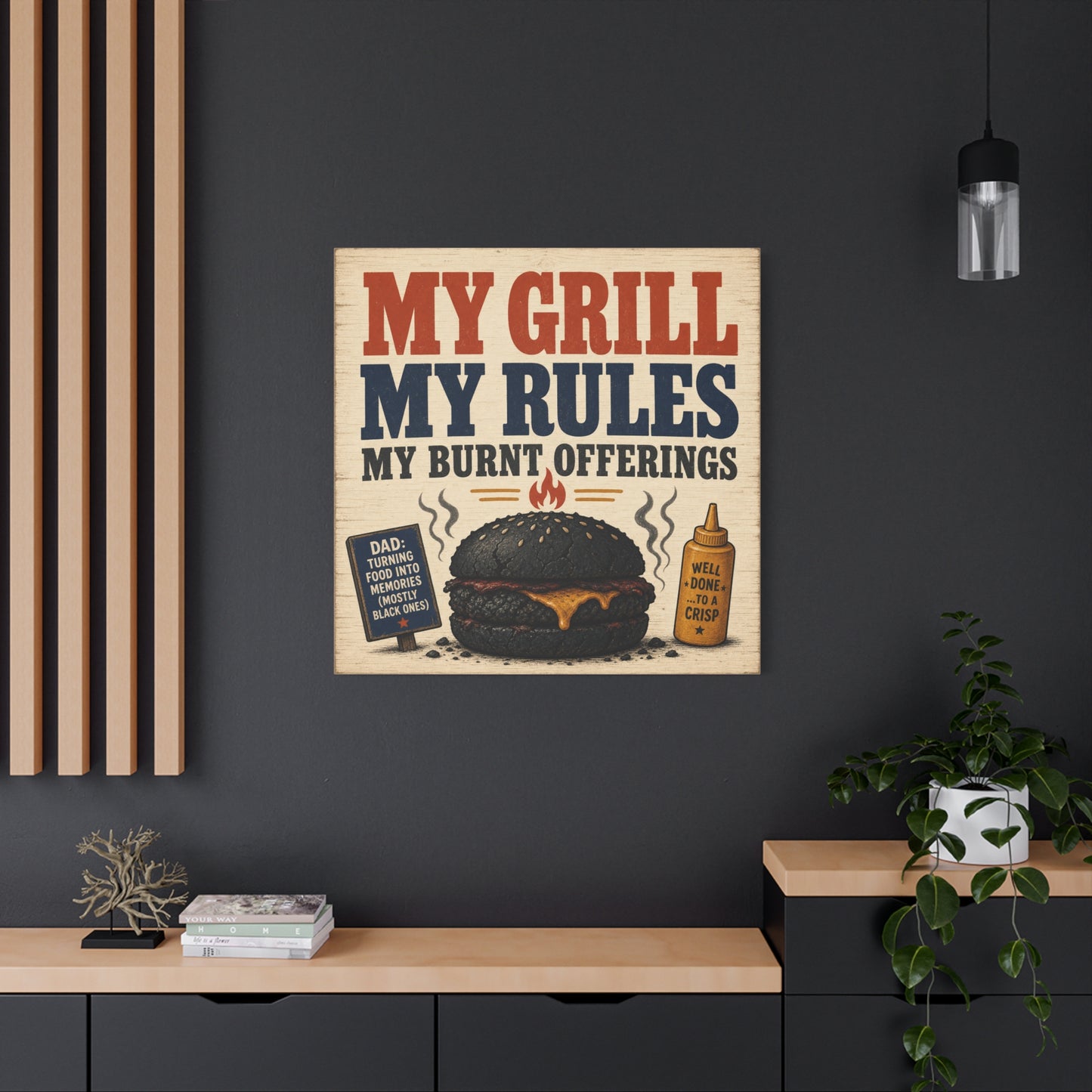 "My Grill My Rules My Burnt Offerings" Funny BBQ Canvas Wall Art - Burnt Burger Grill Sign, Rustic Farmhouse Kitchen Decor, Patriotic Red Blue Typography Print - Man Cave Wall Decor - Ready to Hang