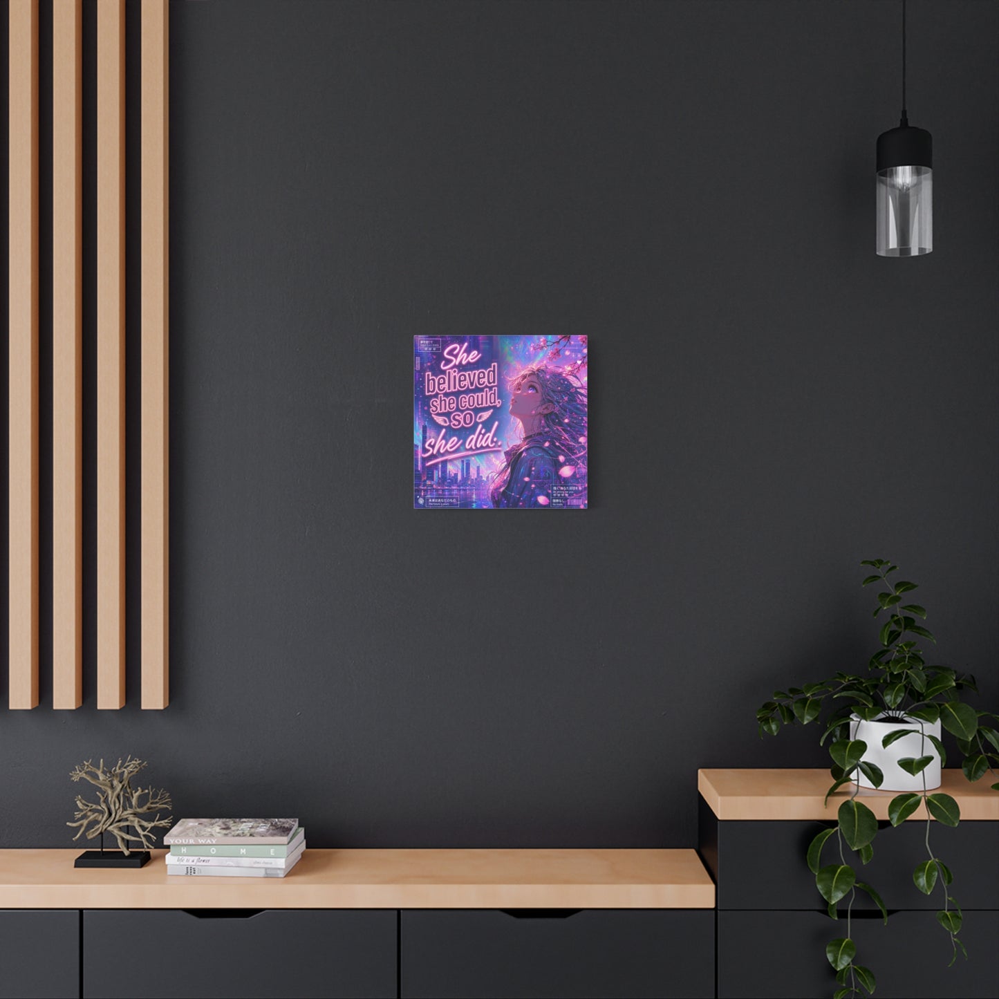"She Believed She Could, So She Did" Anime Girl Canvas Wall Art - Neon Sakura Cityscape, Inspirational Typography Print - Contemporary Bedroom Wall Decor, Teenager Room Decor - Bedroom Home Decoration