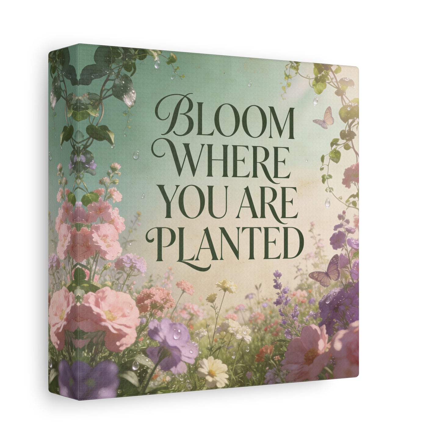 "Bloom Where You Are Planted" Inspirational Canvas Wall Art - Floral Butterfly Quote Print, Pastel Garden Typography Decor, Modern Farmhouse Style, Bedroom Home Decoration - Living Room Wall Decor