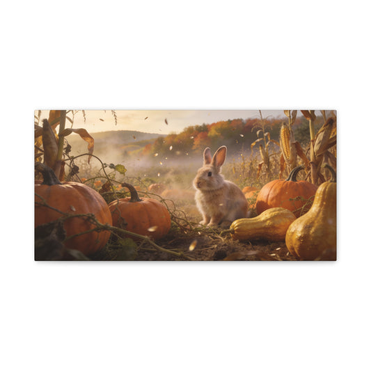 Autumn Bunny Canvas Wall Art - Rabbit In Pumpkin Patch, Golden Harvest Farm Scene - Rustic Matte Canvas Print - Bedroom Wall Decor, Living Room Home Decoration, Nursery Accent - Modern Farmhouse Style