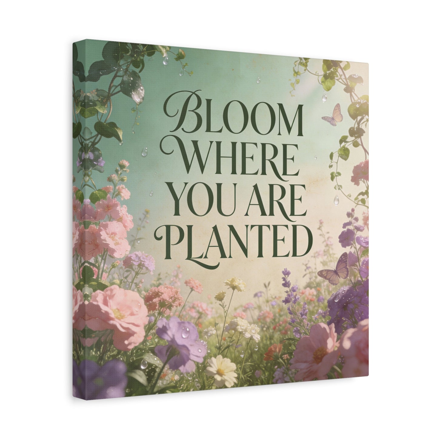 "Bloom Where You Are Planted" Inspirational Canvas Wall Art - Floral Butterfly Quote Print, Pastel Garden Typography Decor, Modern Farmhouse Style, Bedroom Home Decoration - Living Room Wall Decor