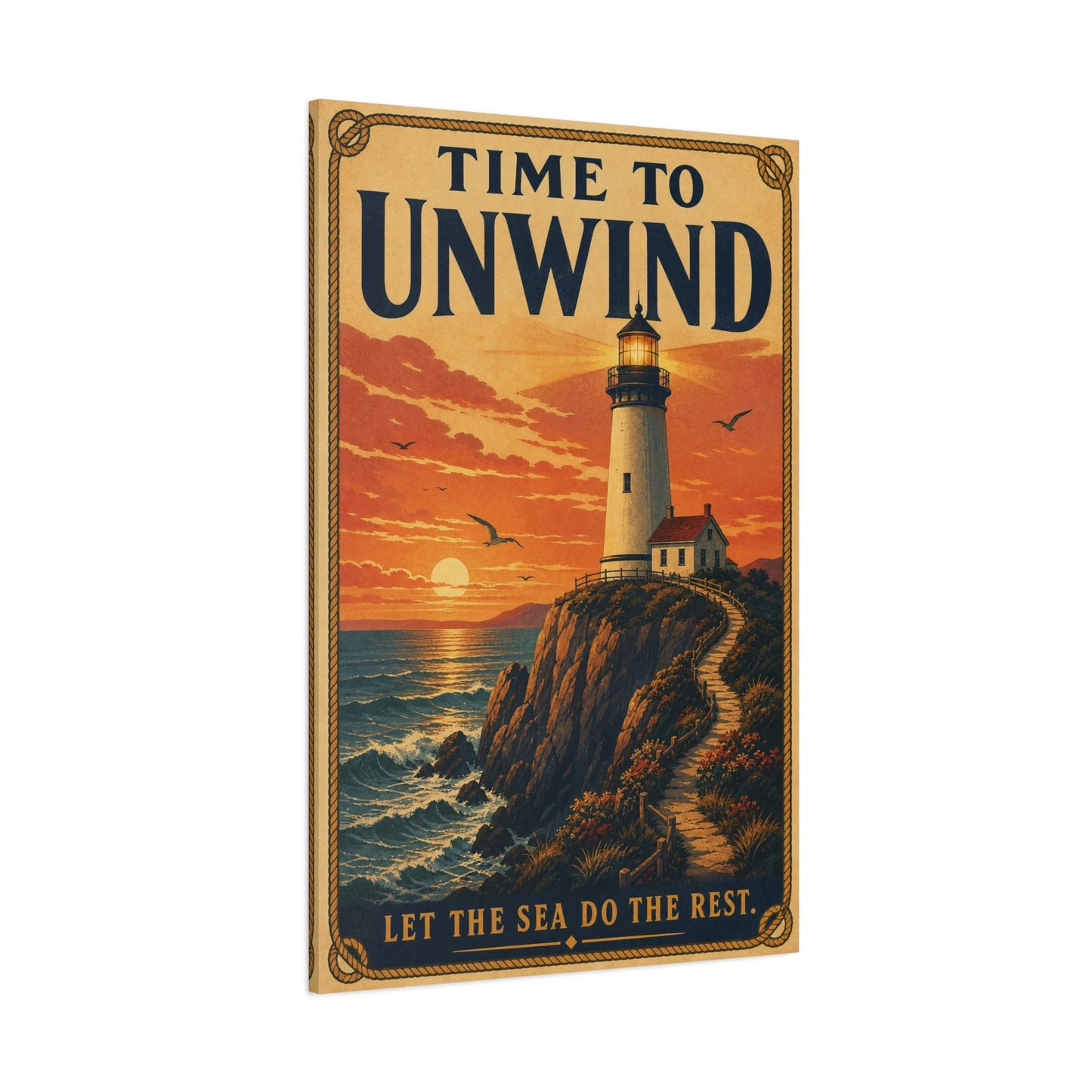 "Time To Unwind Let The Sea Do The Rest" Lighthouse Canvas Wall Art - Vintage Coastal Sunset Seascape Print, Nautical Home Decor, Bedroom Living Room Decoration, Beach House Style - Office Wall Art