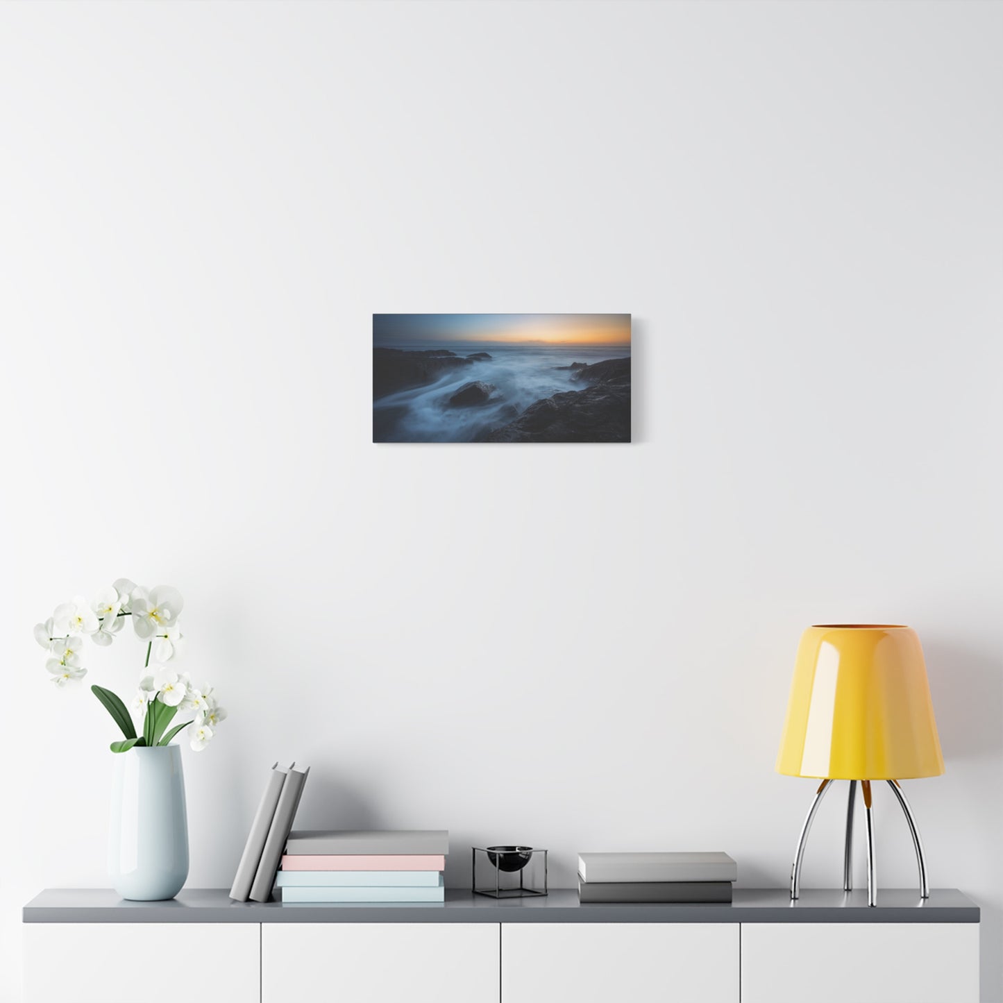 Rocky Ocean Seascape Canvas Wall Art - Long Exposure Coastal Sunset Art Print, Blue Water And Dark Stone Shoreline - Contemporary Matte Canvas Print - Living Room Bedroom Office Decor