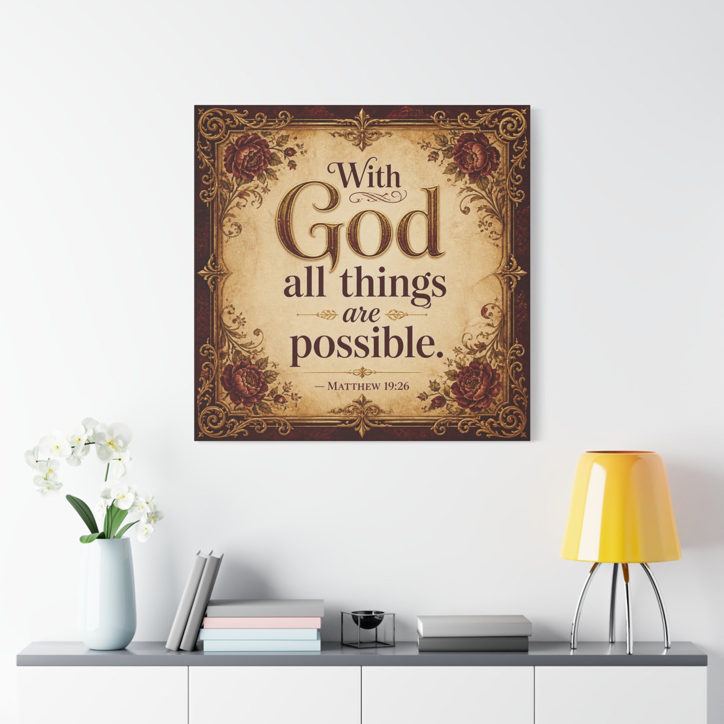 "With God All Things Are Possible. - Matthew 19:26" Christian Canvas Wall Art - Vintage Floral Scripture Print, Traditional Inspirational Decor, Living Room Bedroom Wall Hanging - Ready to Hang