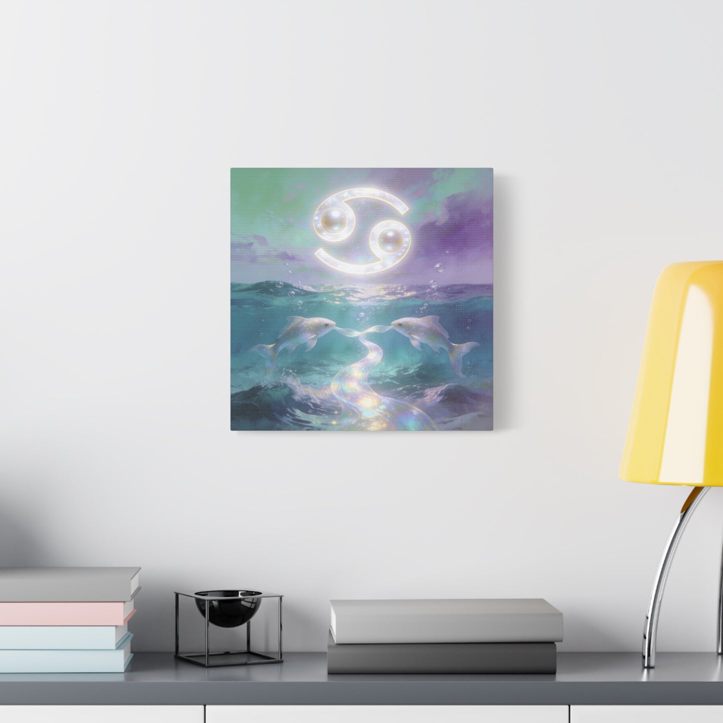 Cancer Zodiac Canvas Wall Art - Two Pearl Fish Ocean Illustration, Celestial Astrology Decor - Iridescent Matte Canvas Print - Mystical Coastal Style For Bedroom Living Room - Living Room Wall Decor