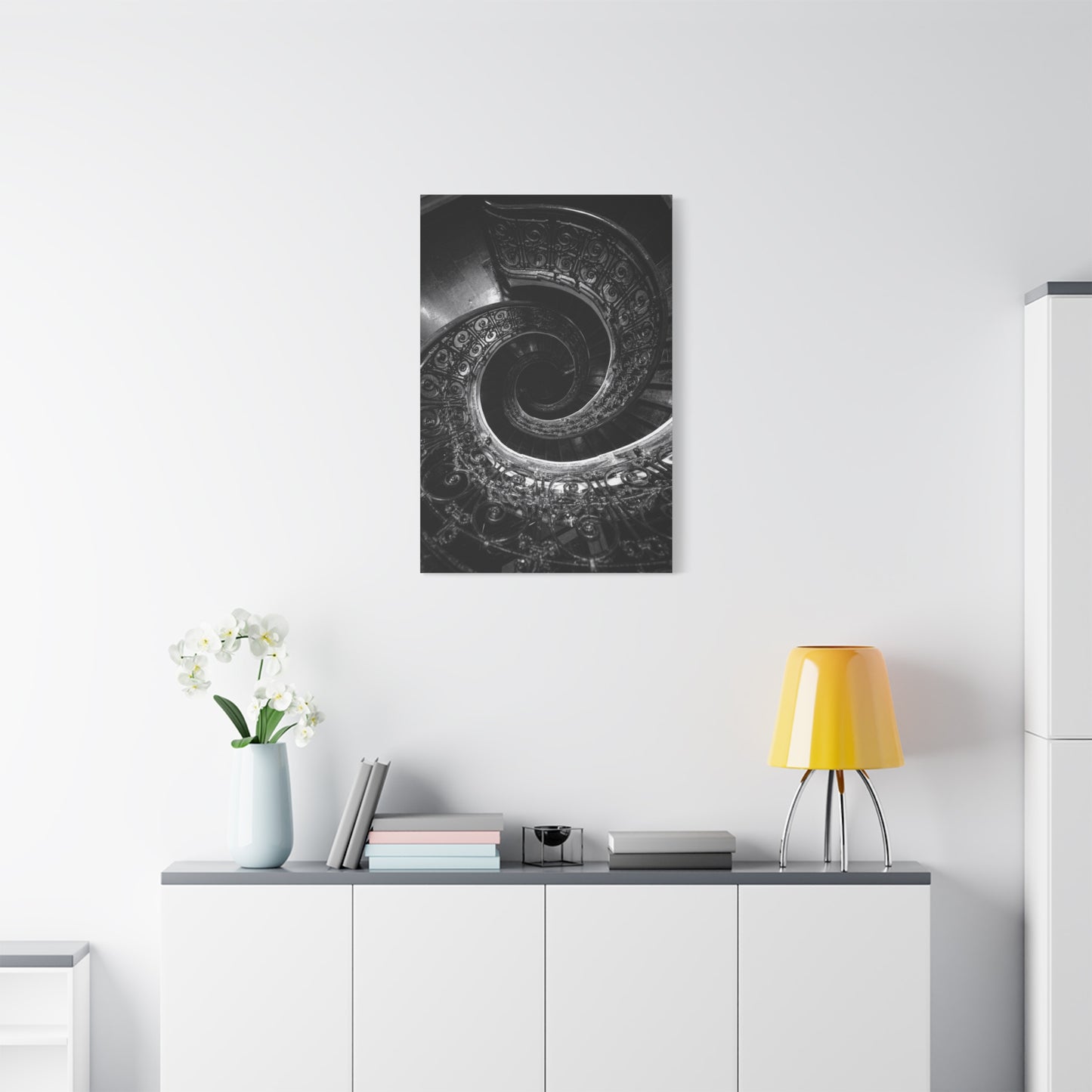 Black And White Spiral Staircase Canvas Wall Art - Architectural Art Print, Moody Monochrome Interior, Modern Minimalist Style - Office Wall Decor, Living Room Accent - Bedroom Home Decoration