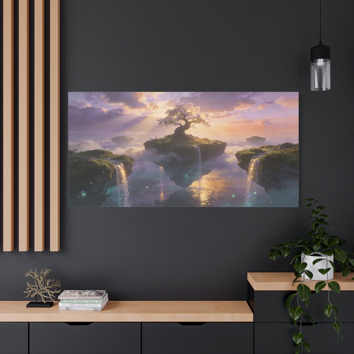 Fantasy Tree Of Life Canvas Wall Art - Floating Islands, Waterfall Dreamscape - Ethereal Cotton Print - Contemporary Zen Style - Living Room Wall Decor, Bedroom Home Decoration - Cozy Reading Nook Art