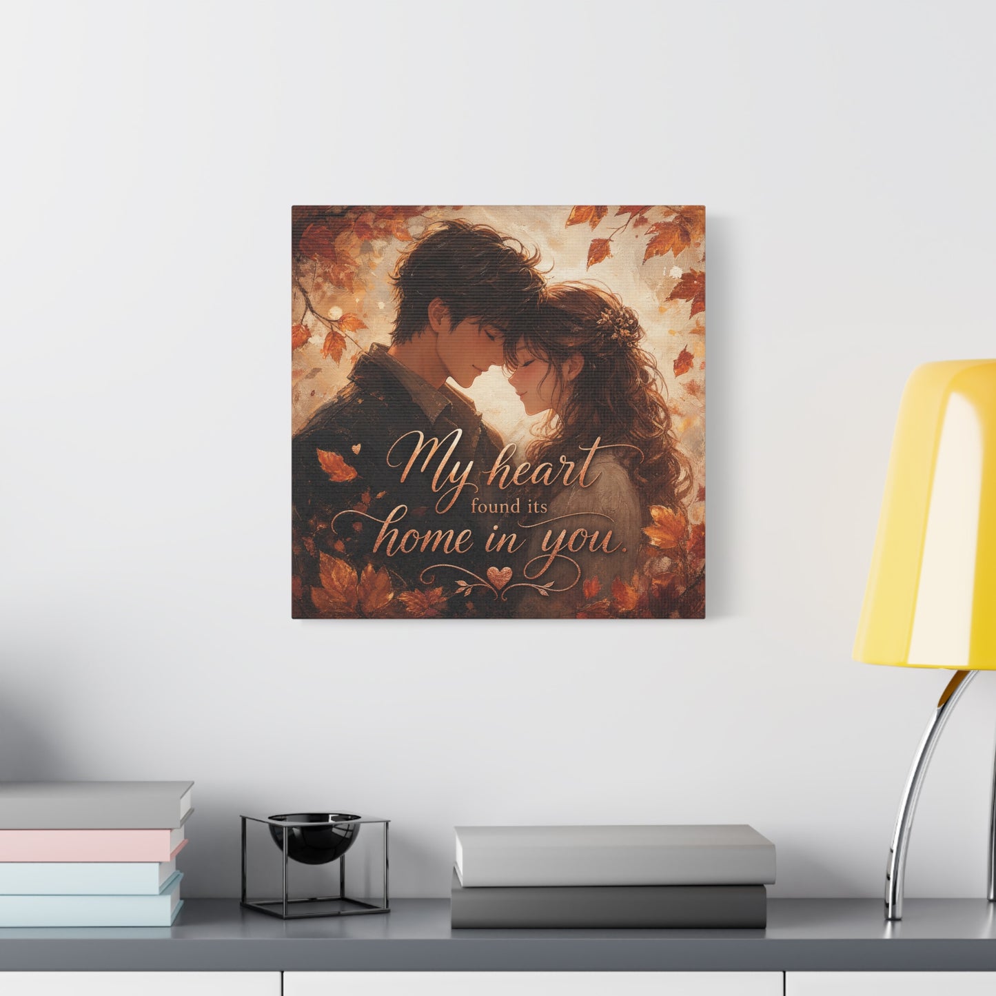 "My Heart Found Its Home In You" Romantic Couple Canvas Wall Art - Autumn Leaves Love Quote Print, Warm Rustic Traditional Style - Bedroom Wall Decor - Ready to Hang - Bedroom Home Decoration