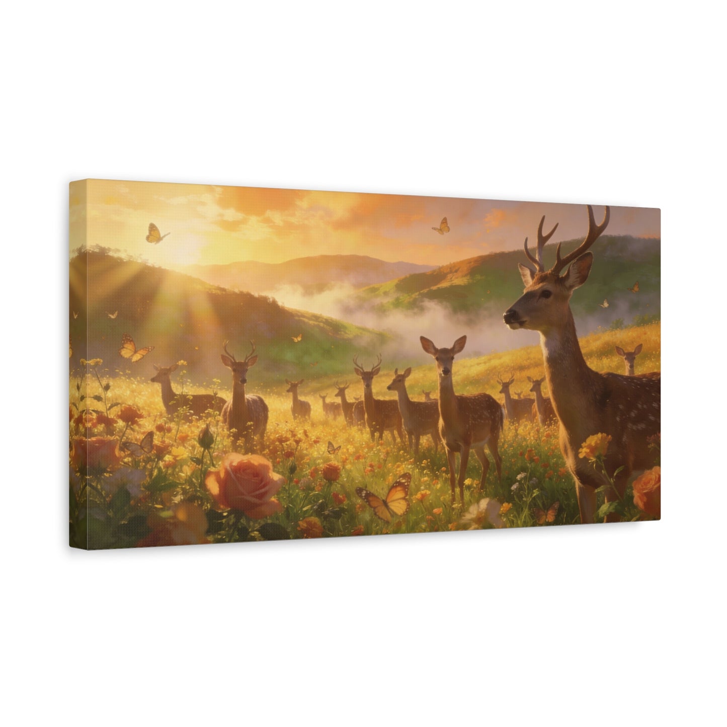 Deer Meadow Canvas Wall Art - Golden Sunrise Wildlife Landscape, Butterflies, Floral Field - Matte Finish Canvas Print - Rustic Nature Style, Living Room Wall Decor - Bedroom Home Decoration